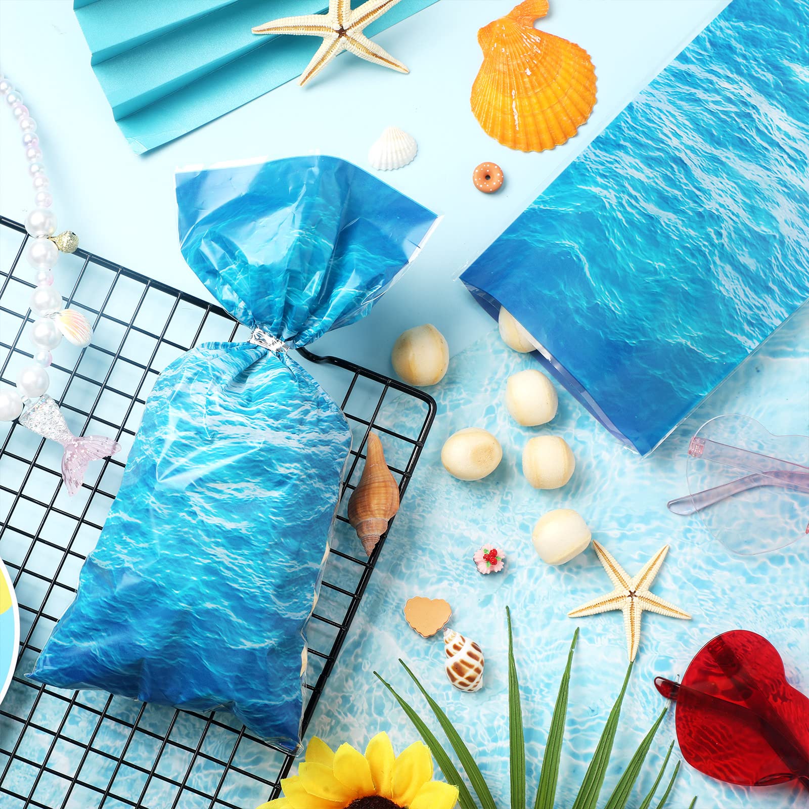 Pajean 100 Pieces Ocean Waves Cellophane Treat Bags Under the Sea Blue Ocean Party Goodie Candy Bag with 100 Twist Ties for Beach Pool Birthday Summer Mermaid Party Decoration Baby Shower Supplies