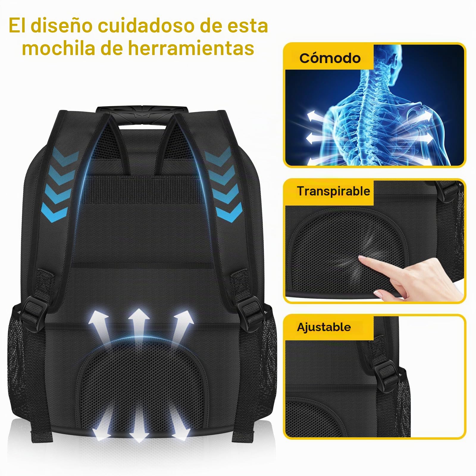 18"Mochila Para Herramientas con Puerto USB, Mochila para Herramientas Impermeable Para Hombres con 23Bolsillos,Correas Ajustables Para Los Hombros,Para Electricistas y Técnicos de Reparación