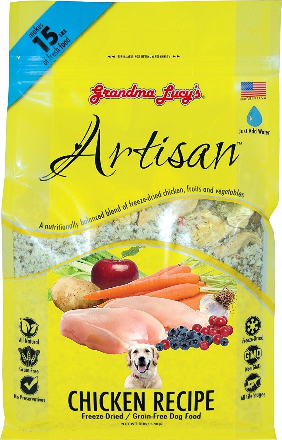 Grandma Lucy's Artisan Grain Free Chicken Freeze Dried Dog Food, 3 lb. Bag. made with Chicken, Fruits & Vegetables