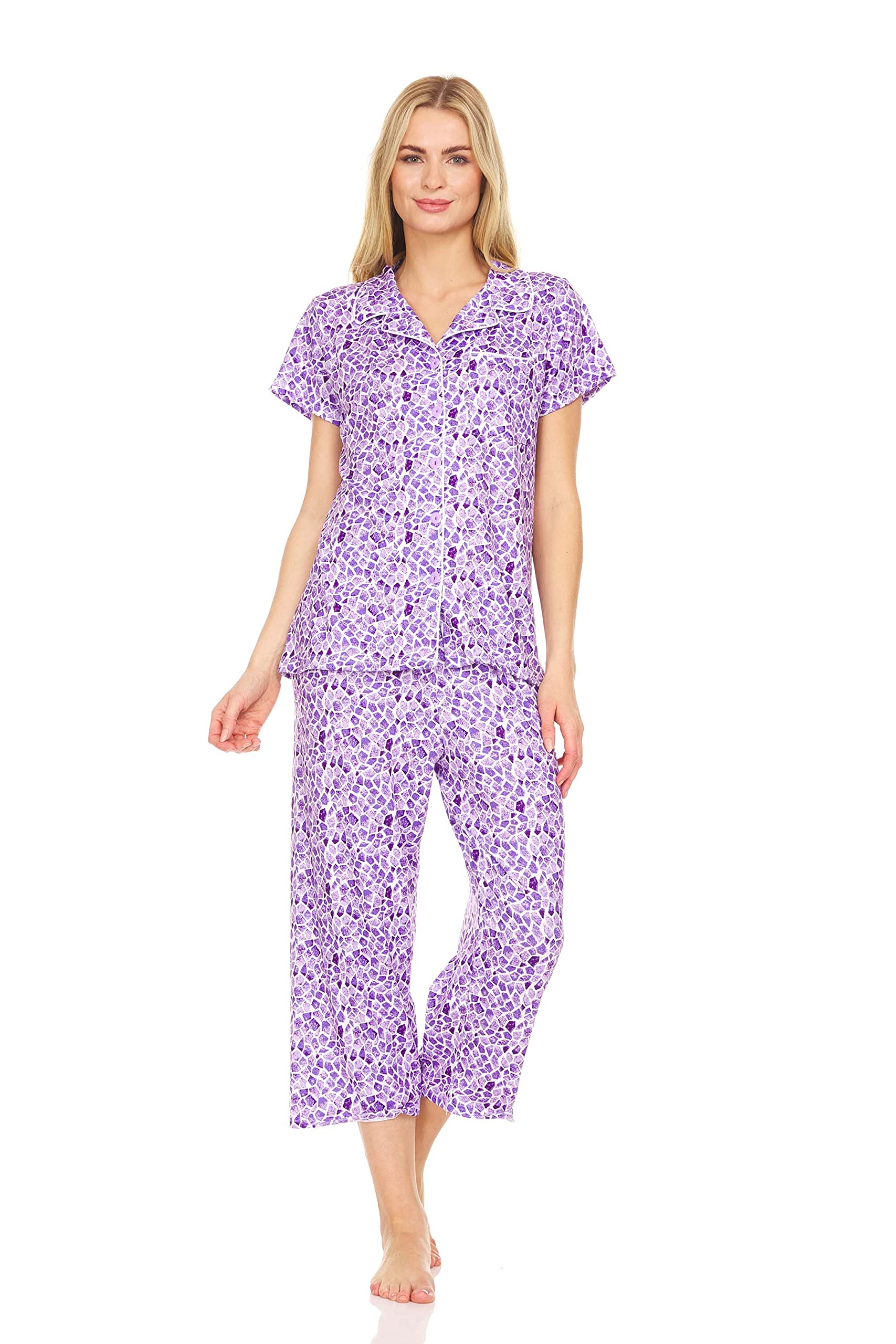 8100C Womens Sleepwear Woman Short Sleeve Button Down Pajamas Capri set