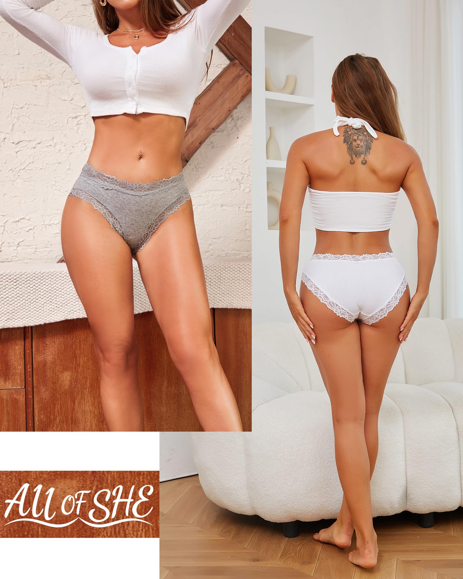ALL OF SHE 6 Pezzi di Biancheria Intima da Donna in Cotone Brasiliano, Slip in Pizzo Morbido Hipster Sexy Panties Mutande da Donna morbide, Taglie Confezione S-2XL