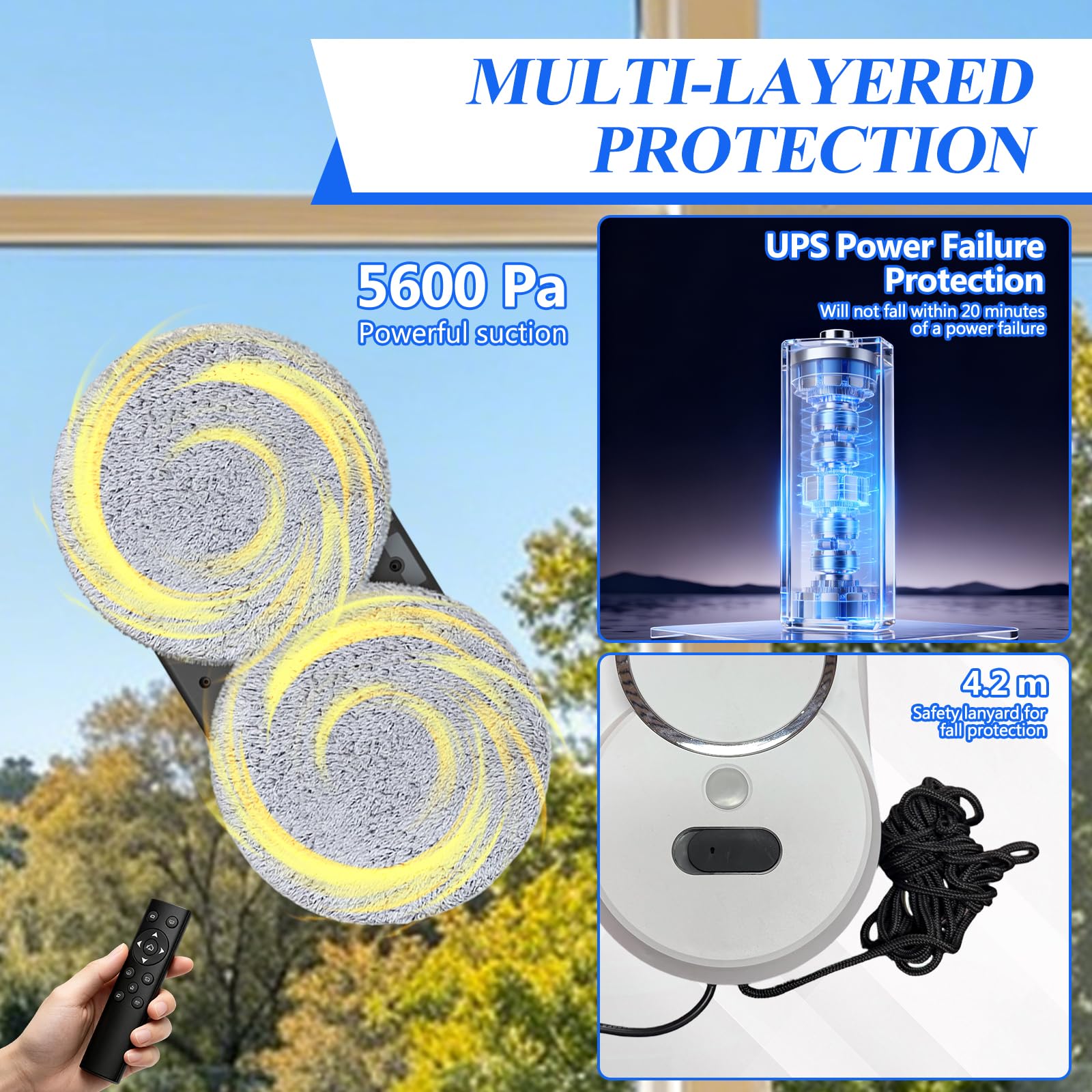 Robot Limpiacristales Electrico 5600 Pa, Limpia Cristales con Control | Remoto, 3 Modos Automaticos, Navegación Inteligente, 10 Paños de Limpieza para Ventanas, Espejos-Silencioso