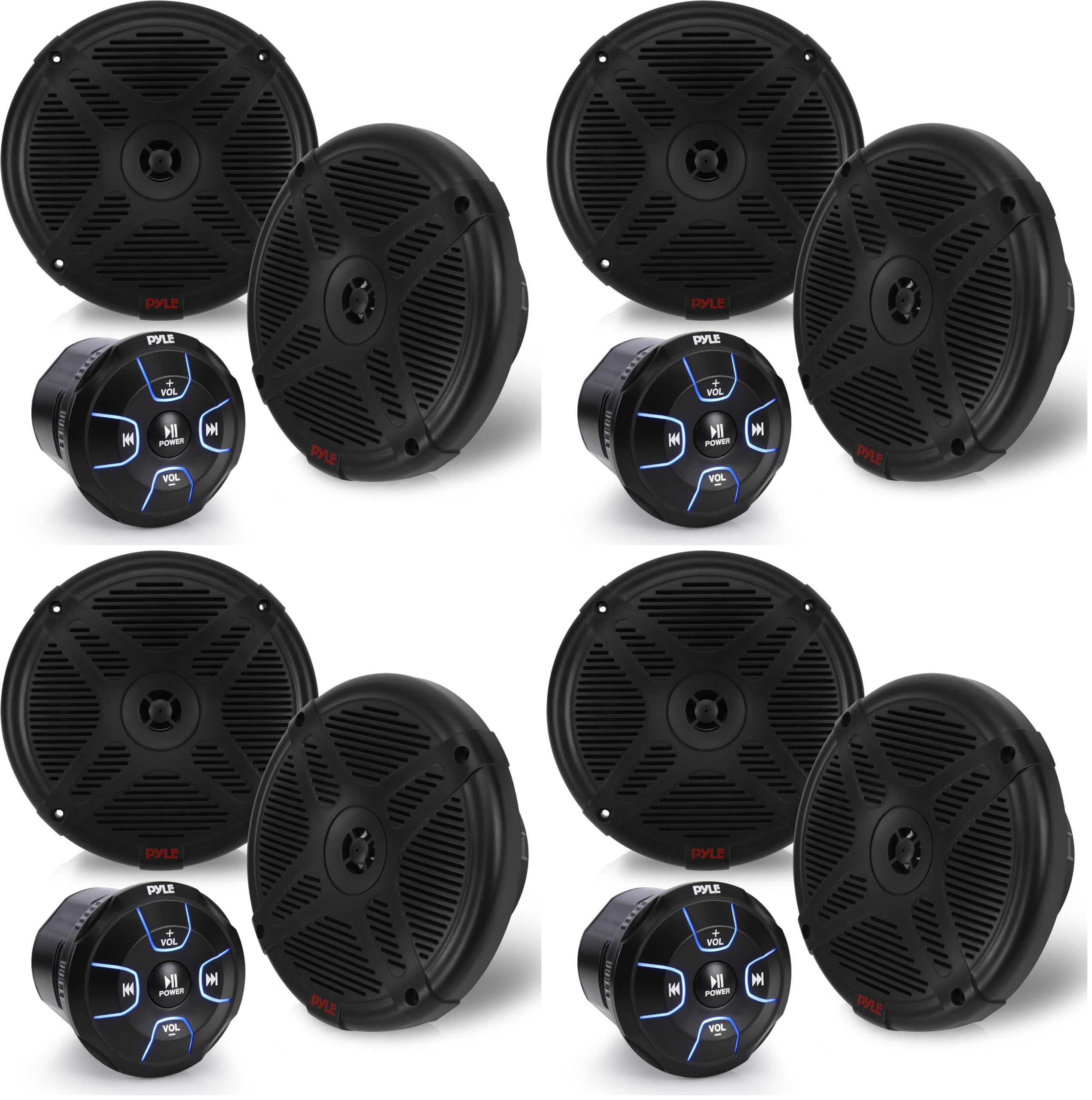 Pyle 6.5'' Dual Marine Speakers Kit - Waterproof-Rated w/Amplified Bluetooth Remote Control Receiver for Powersport Vehicles, IP65 Marine Grade Rating, 600 Watt Max Power PLMRKT8 (Pack of 4)