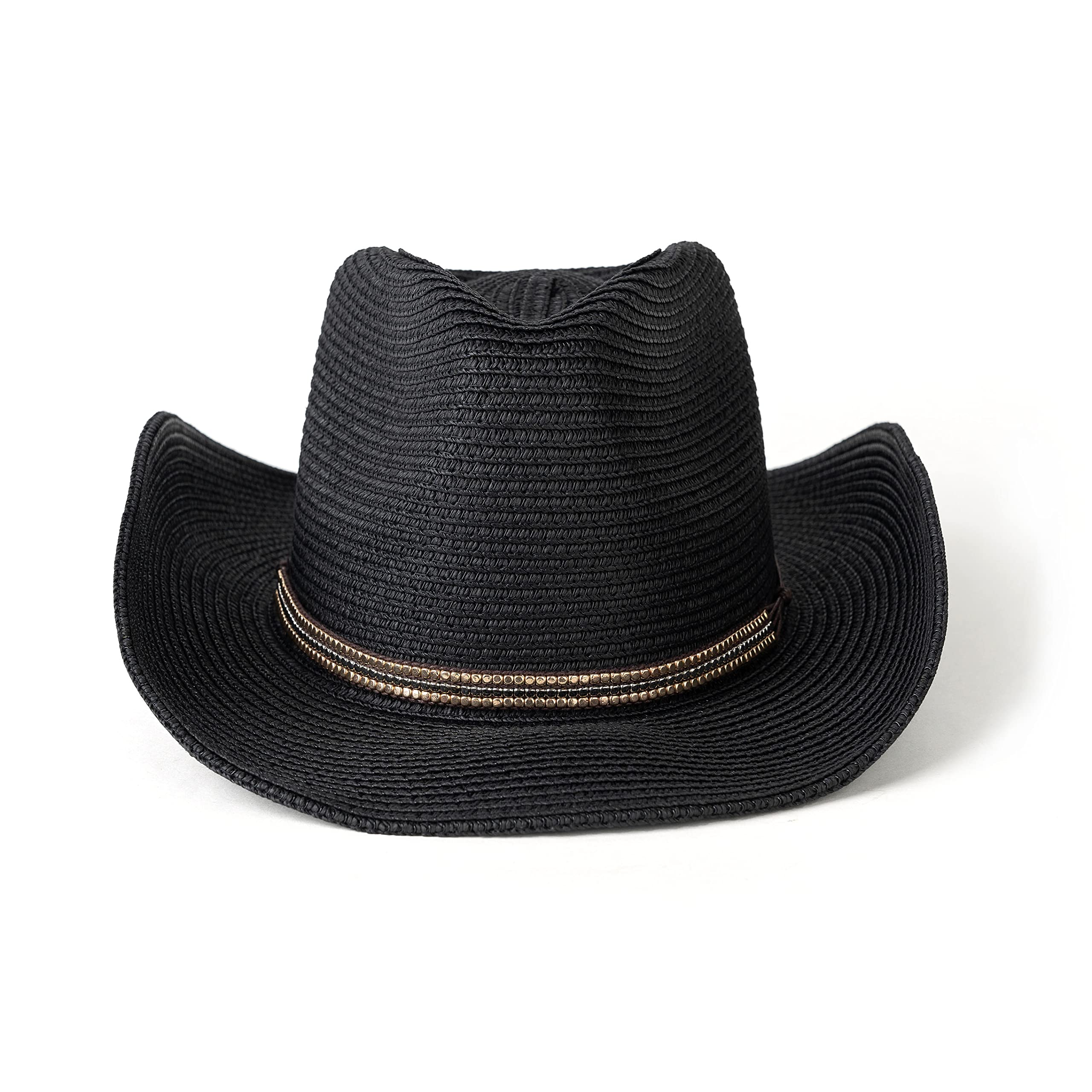 EOGIMI Western Style Classic Cowboy Straw Hat Wide Brim Cowgirl Hat with Belt Buckle P-Black