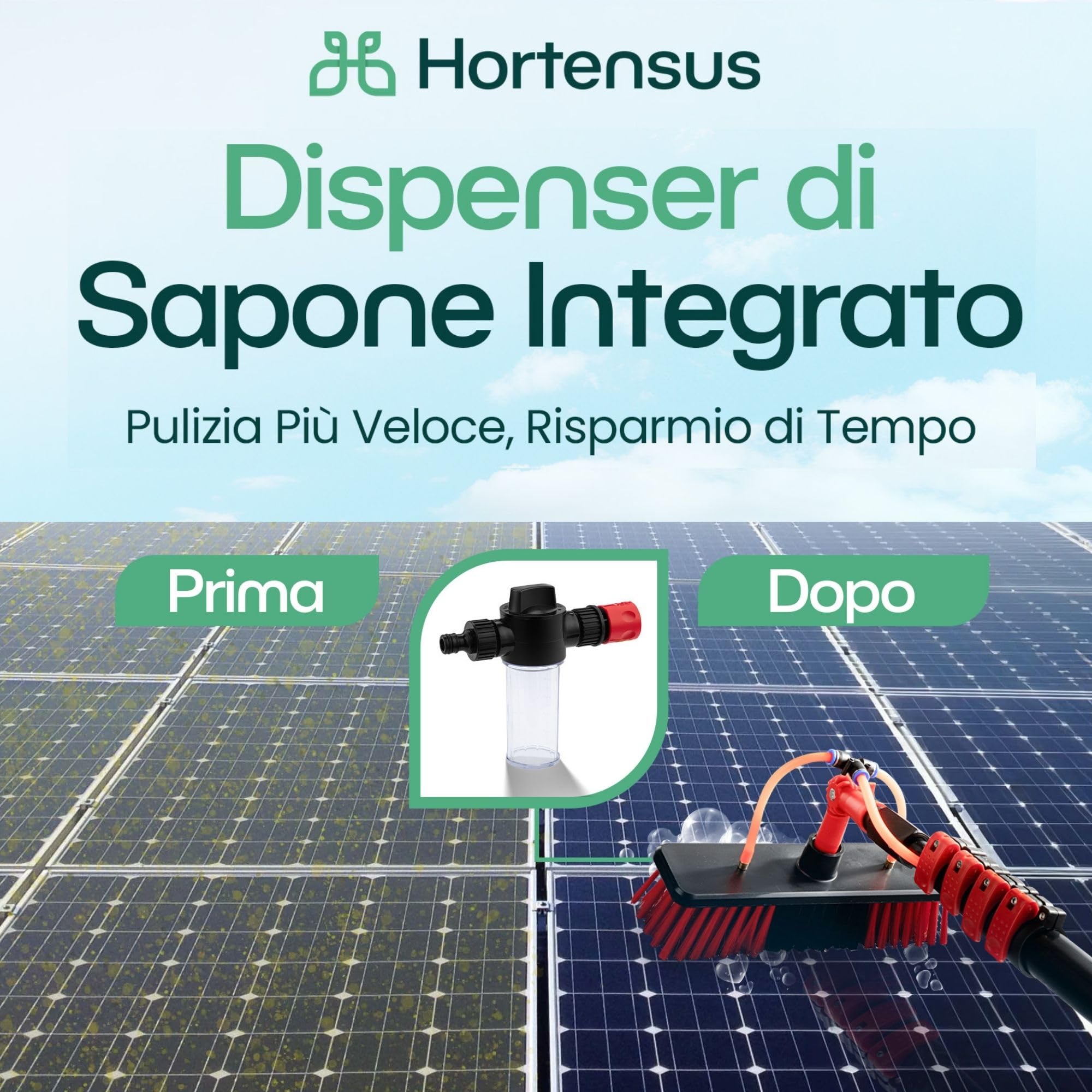 Spazzola Lavaggio con Asta Telescopico – Spazzola Telescopica con Collegamento all’Acqua per Pannelli Fotovoltaici e Solari, Auto, Camper, Grondaie, Tetti e Facciate Pulizia (4,6 m)