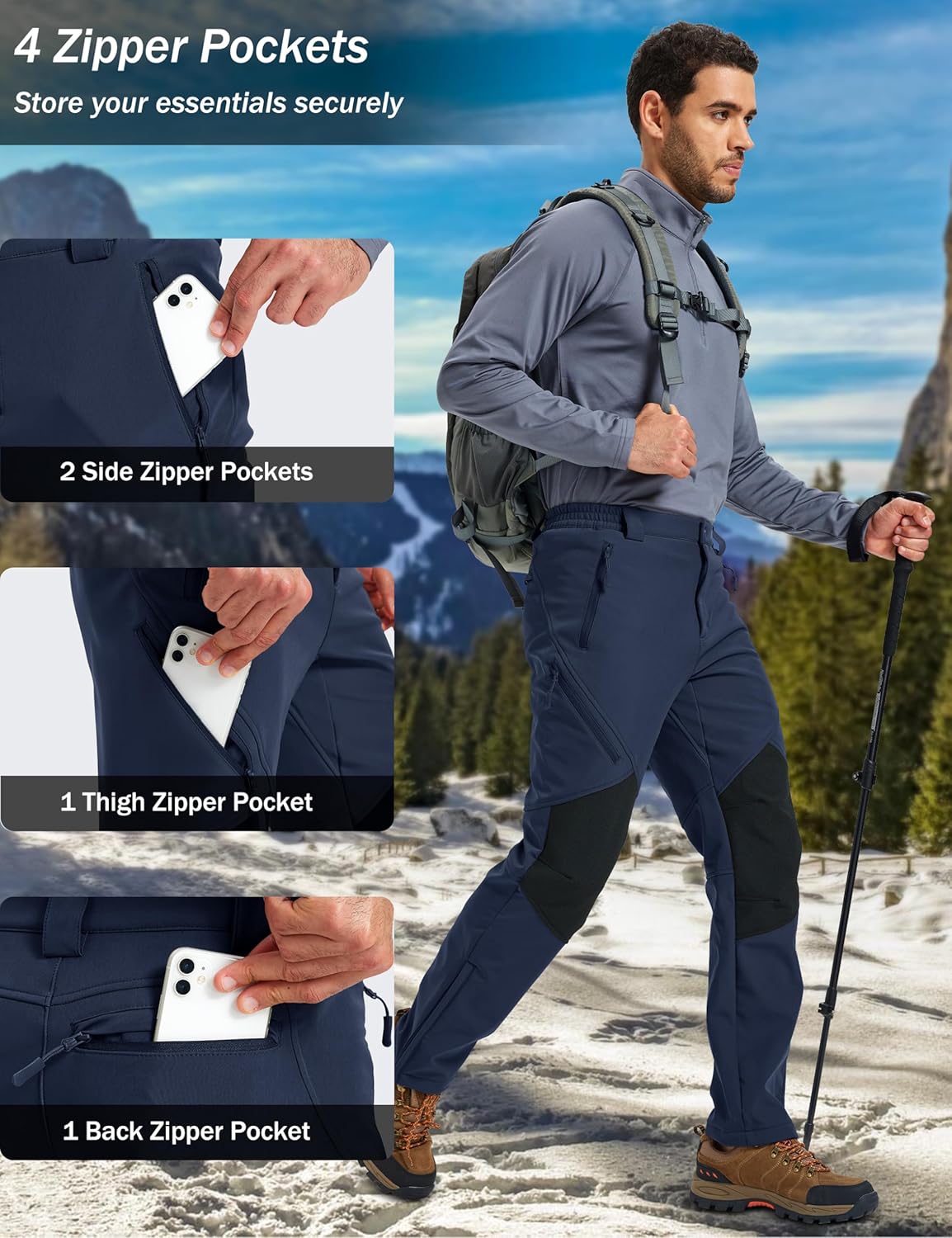 MAGCOMSEN Men's Snow Ski Waterproof Pants Winter Fleece Lined Insulated Work Outdoor Hiking Snowboard Pants 4 Pockets