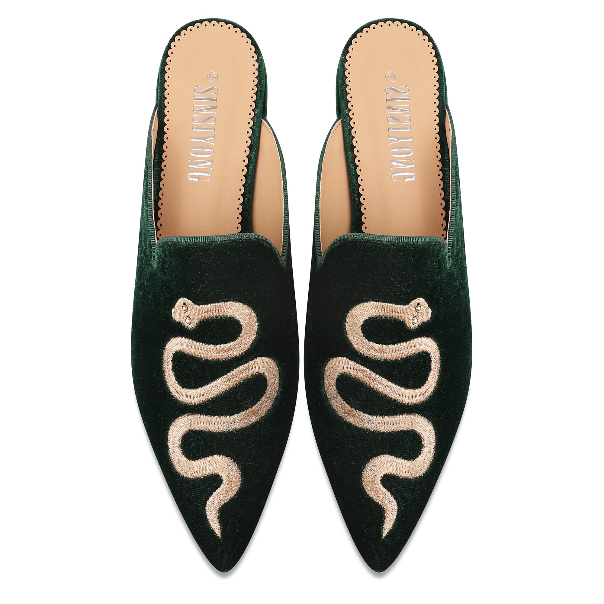 SINSIYONG Embroidered Mules for Women Pointed Toe Backless Velvet Flats with Snake Pattern