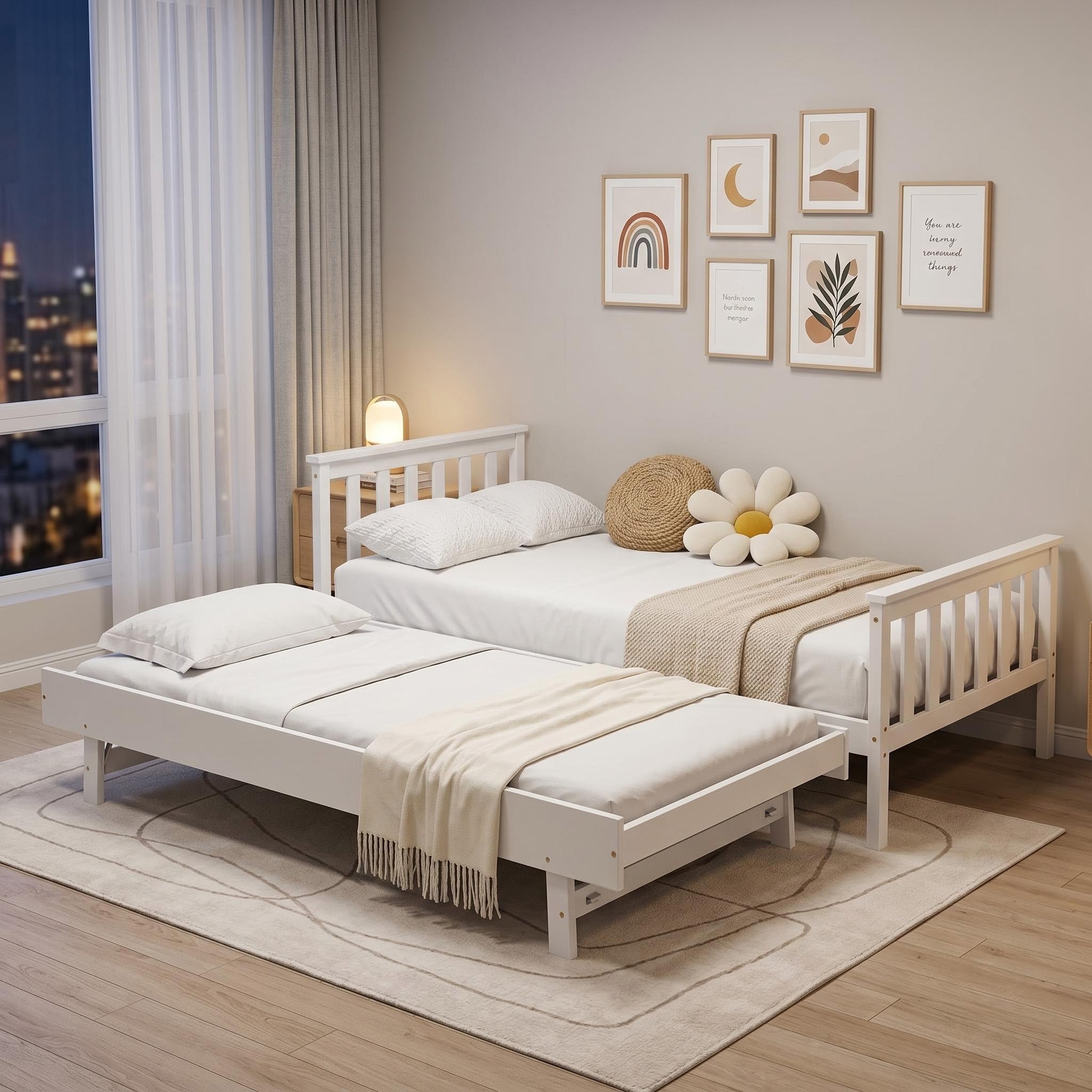 Panana Wooden Single Day Guest Bed With Pull Out Under Bed - 2 in 1 Bedroom Furniture, Fits 90 * 190 Mattress, Trundle Included (White)