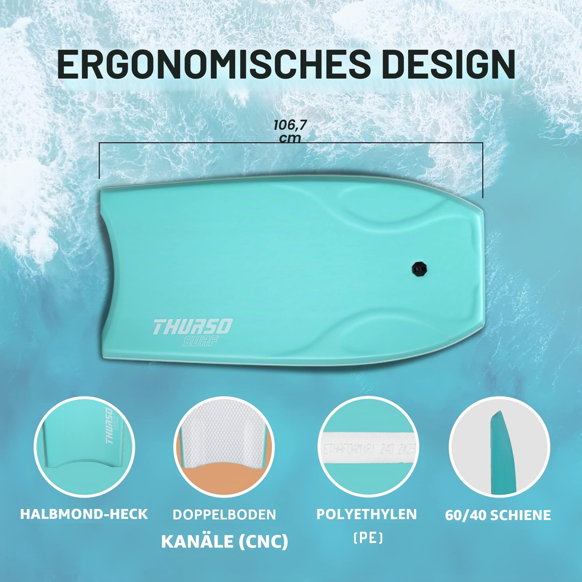 THURSO SURF Bodyboards für Strandpool, 106,7 cm, leichtes PE-Kern, IXPE-Deck, HDPE-Boden, FRP Stringer, Hochleistungs-Körperboard mit doppeltem Drehgelenk, Surfleine und Bodyboard-Tasche Lightning