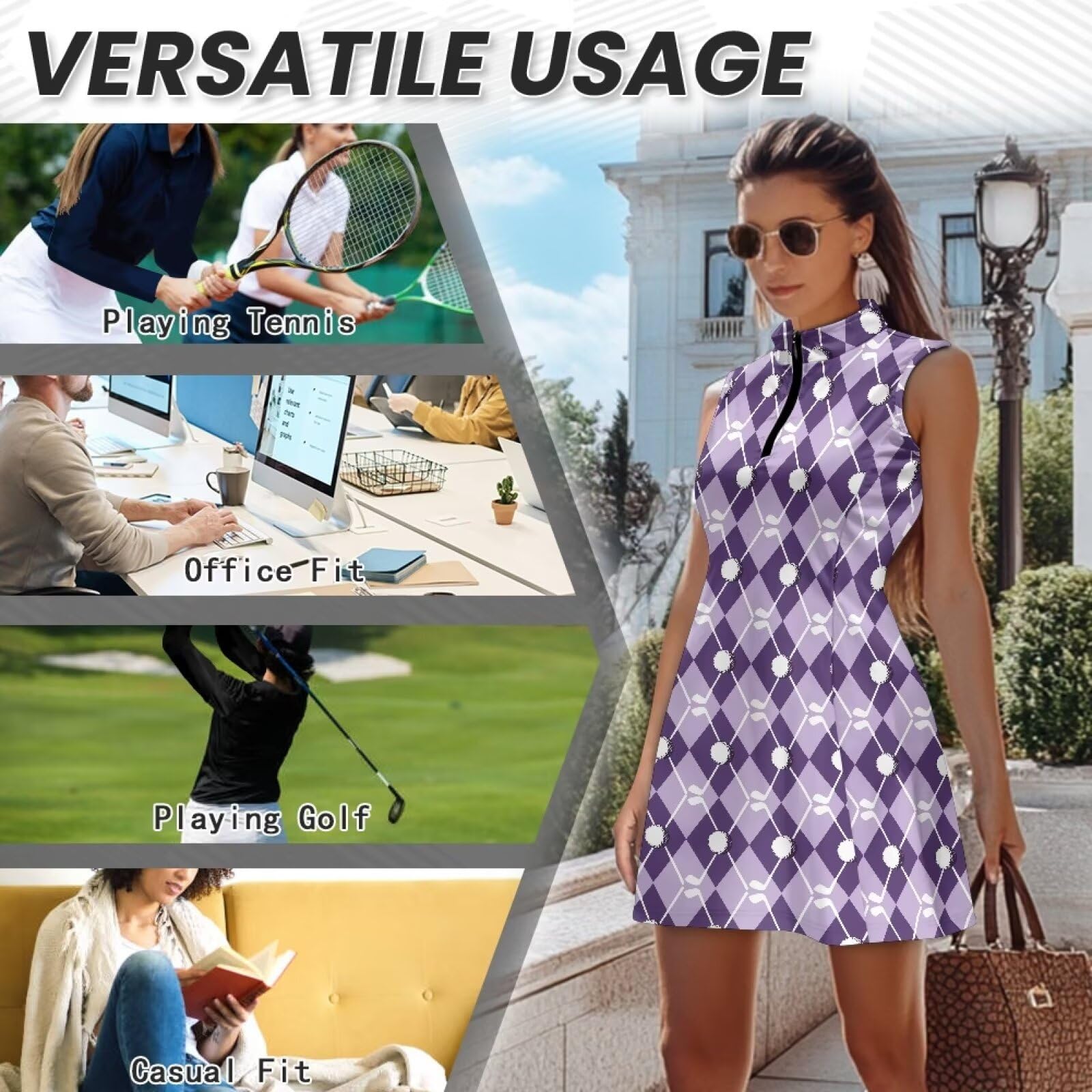 Robe de tennis pour femme avec poches courtes intégrées et col zippé - Tenue de golf pour entraînement et sport