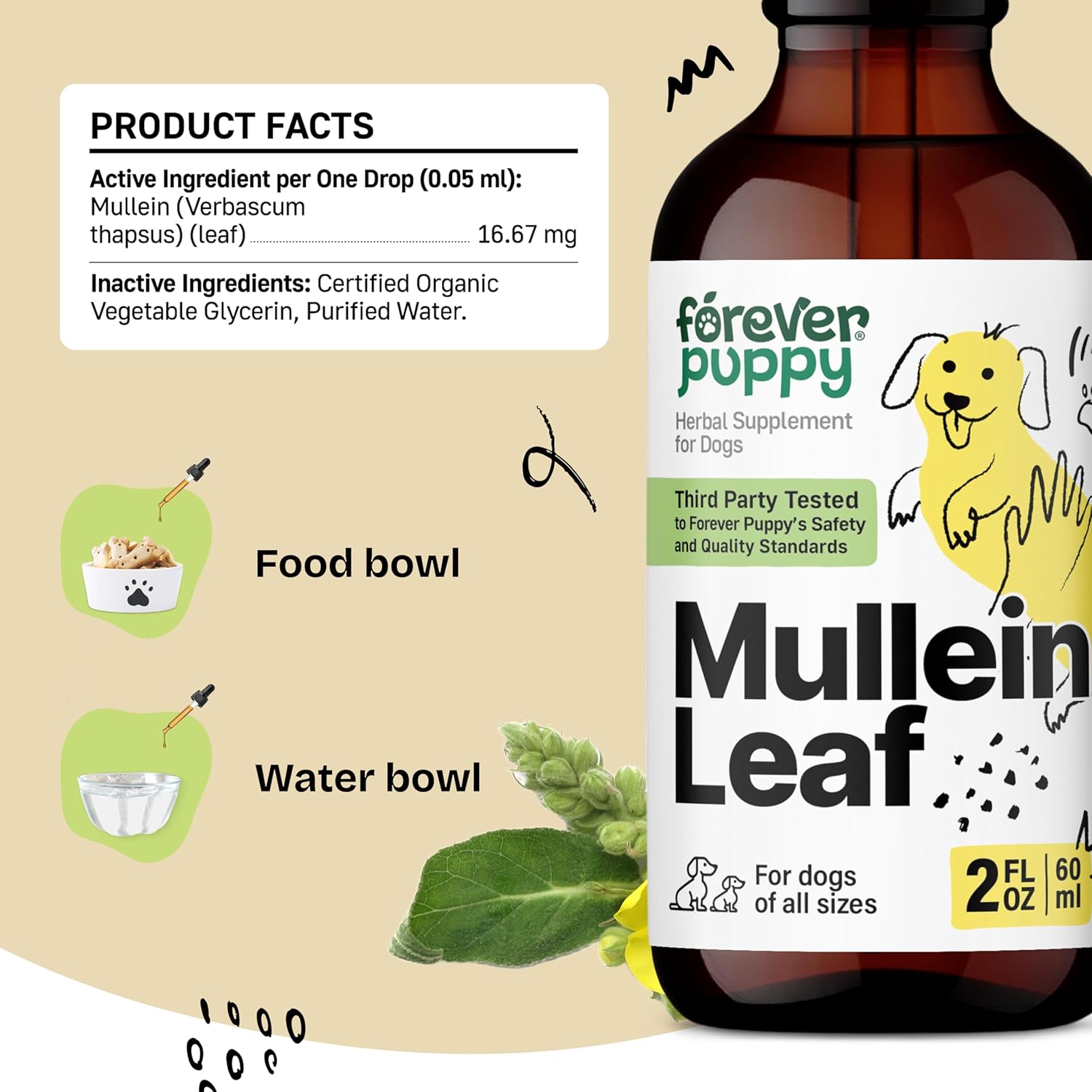Forever Puppy Mullein Tincture for Dogs - Respiratory Health Support - Canine Mullein Drops for Lungs - Dog Food Supplements and Vitamins - All Breeds & Sizes - Sugar & Alcohol-Free - 2 fl oz