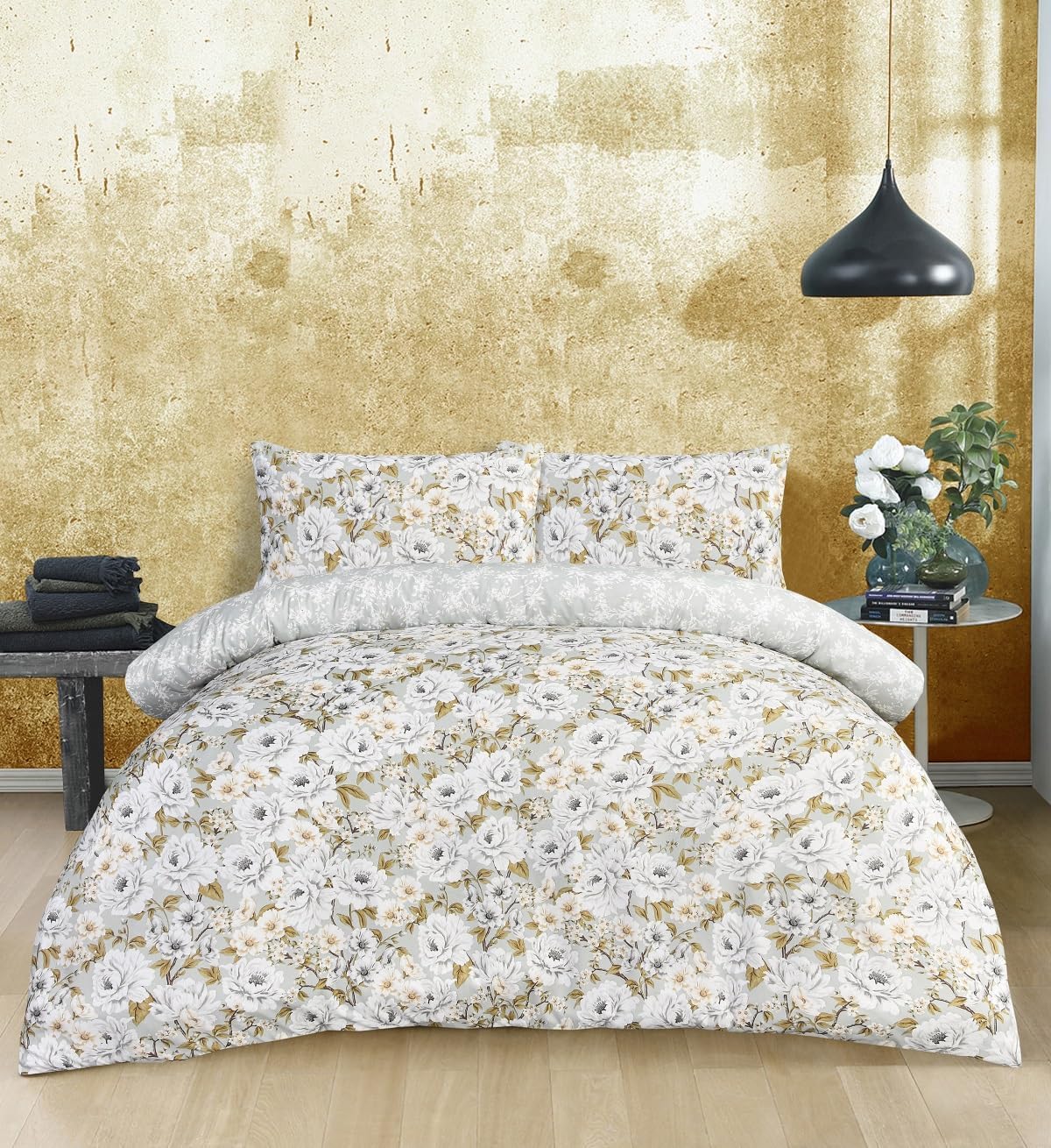 Axcent Comfort 3pcs Elegant Blooms Green Duvet Cover Set King Size Green Printed Duvet Cover & 2 Matching Pillowcases Reversible Quilt Covers Bedding Sets