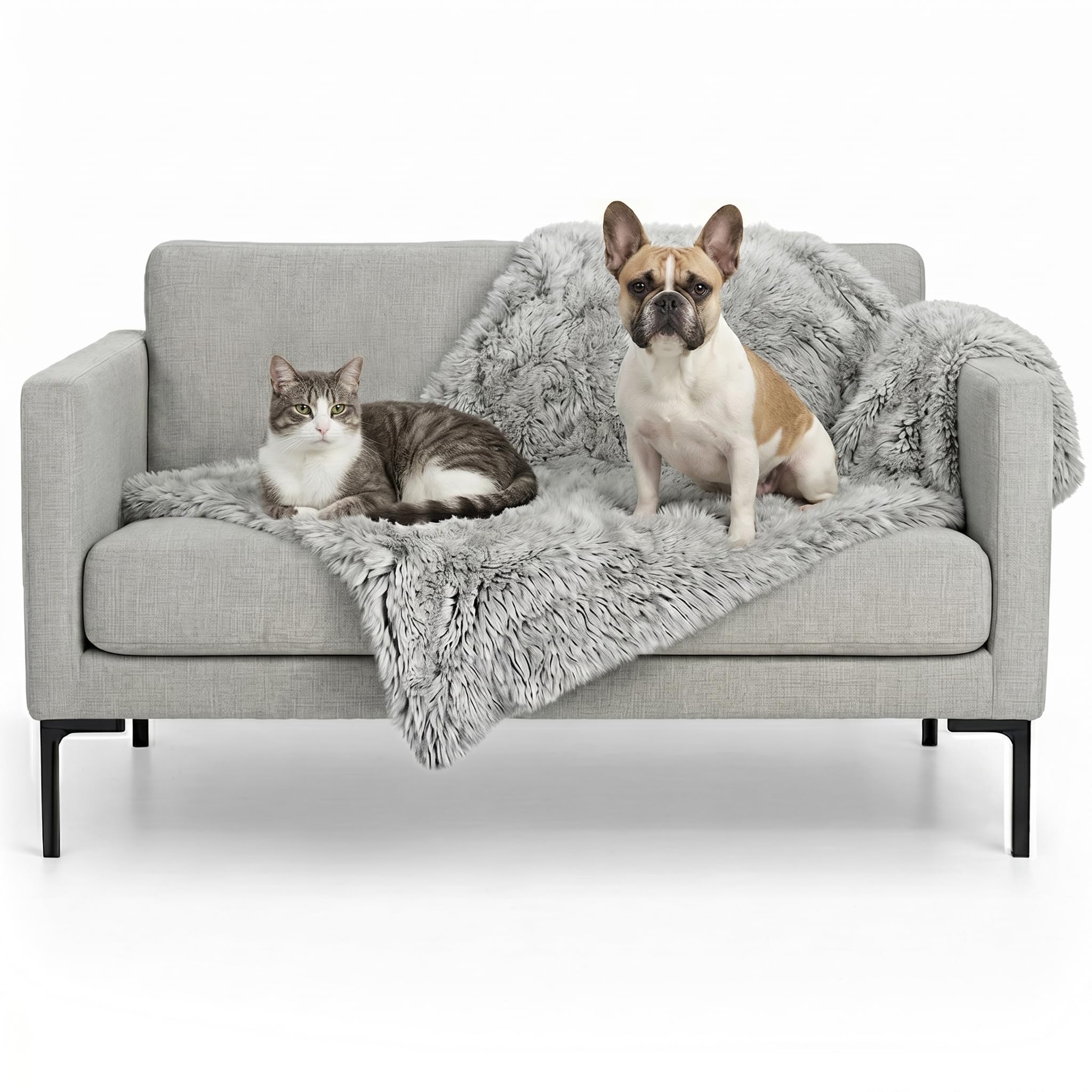 Furhaven Waterproof Throw Blanket for Dogs &amp; Indoor Cats, Washable - Shaggy Plush Calming Long Faux Fur &amp; Velvet Dog Blanket - Mist Gray, Medium