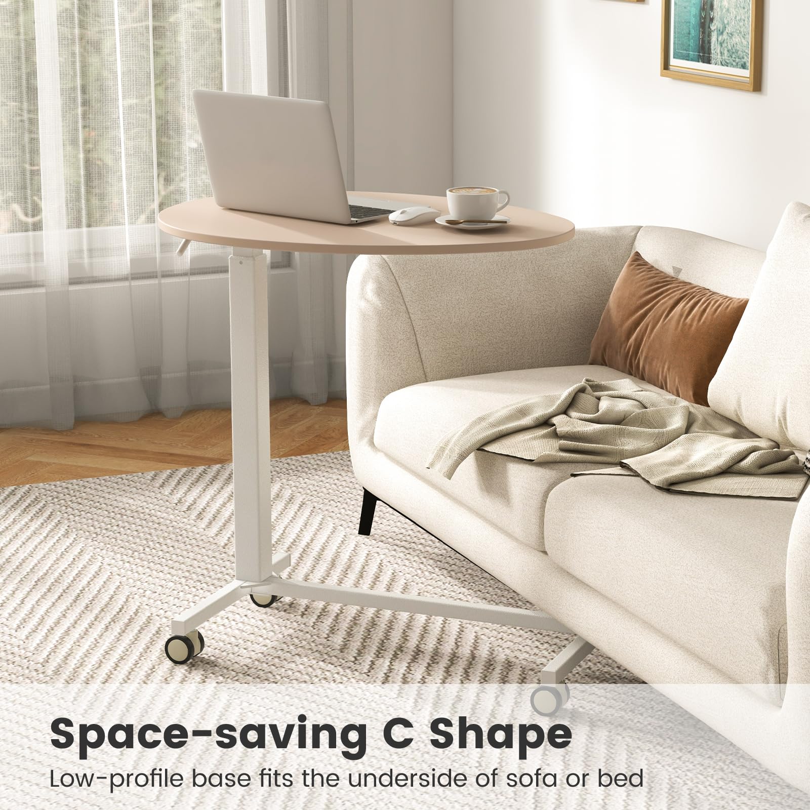 LIFEZEAL Mesa en Forma de C, Mesa Auxiliar Regulable con Palanca neumática, Altura Ajustable 74-108 cm, Mesa Lateral con 4 Ruedas para salón, Cocina, Comedor, MAX 75 kg