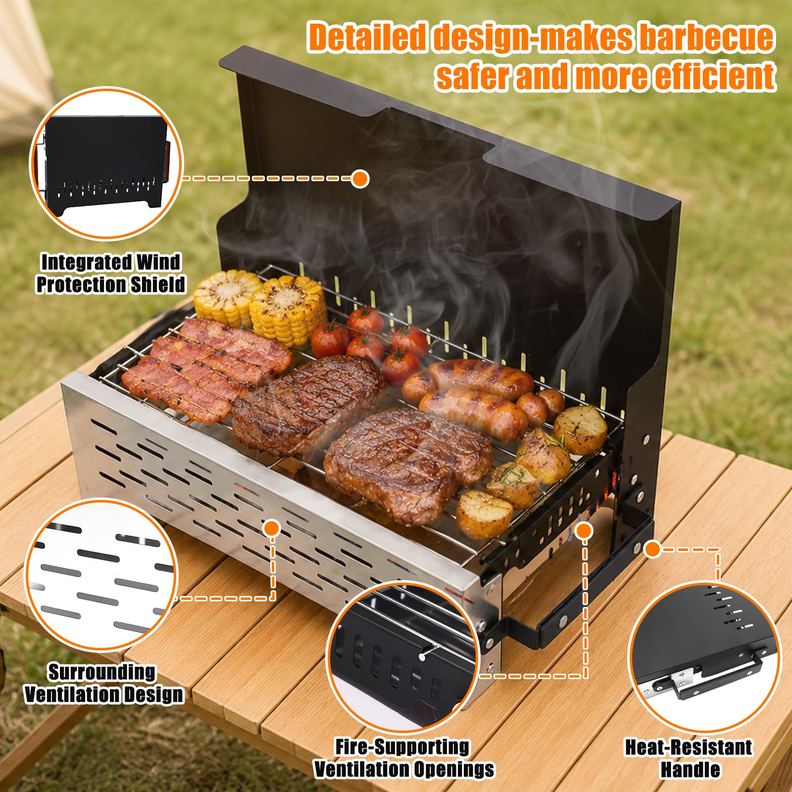 GFTIME Klappgrill Camping Grill Holzkohlegrill Tischgrill für Outdoor BBQ, Edelstahl Tragbar Faltbar Grill mit Tragetasche für Camping, Picknick, Gartenkochen und Terrasse