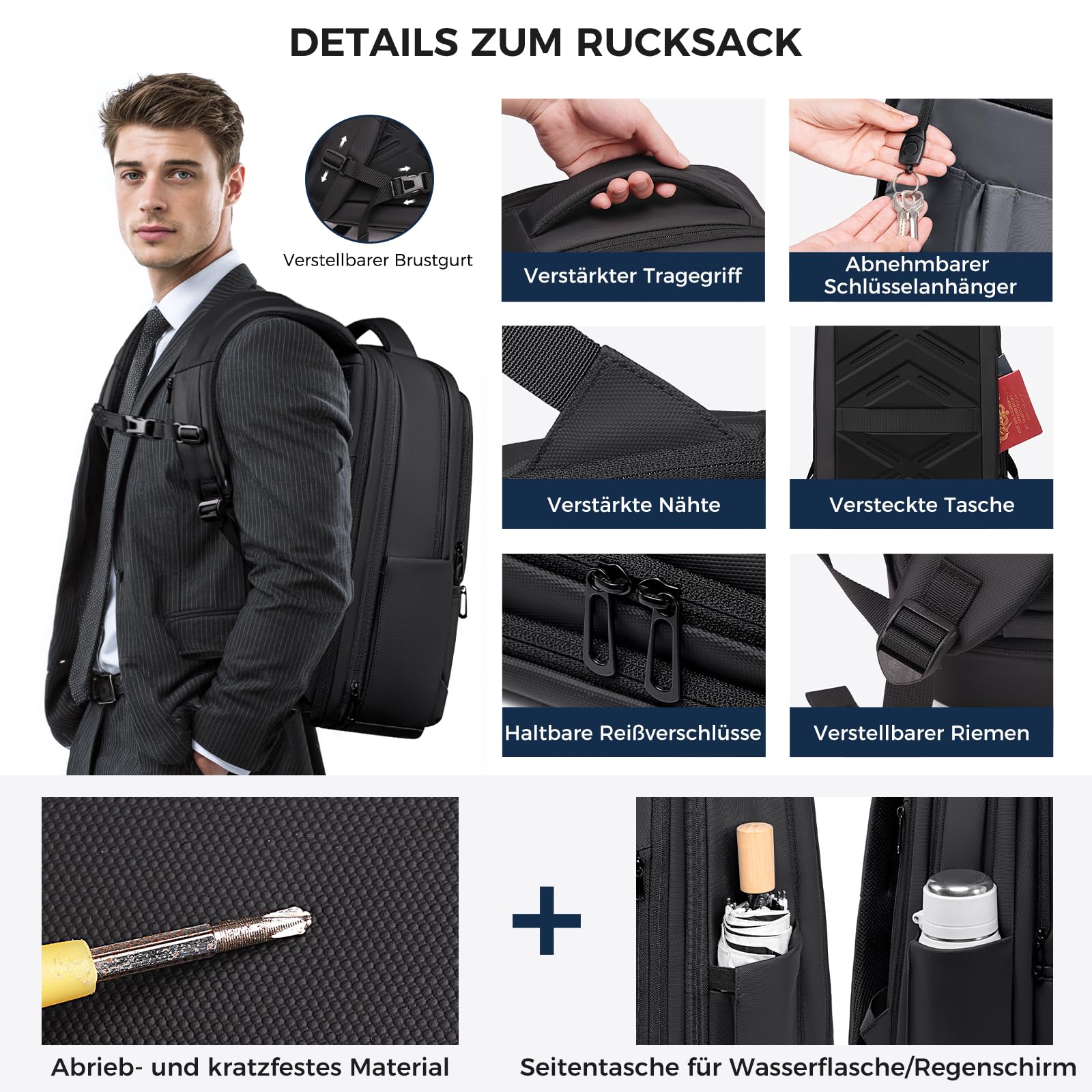 Fenree.geer 1800D Erweiterbarer Laptop Rucksack,Rucksack Herre 21,6L-32,4L | Wasserdich ,15,6 Zoll Reiserucksack, USB-Ladeanschluss,Laptoptasche für Herren und Damen Arbeit Reisen Rucksack