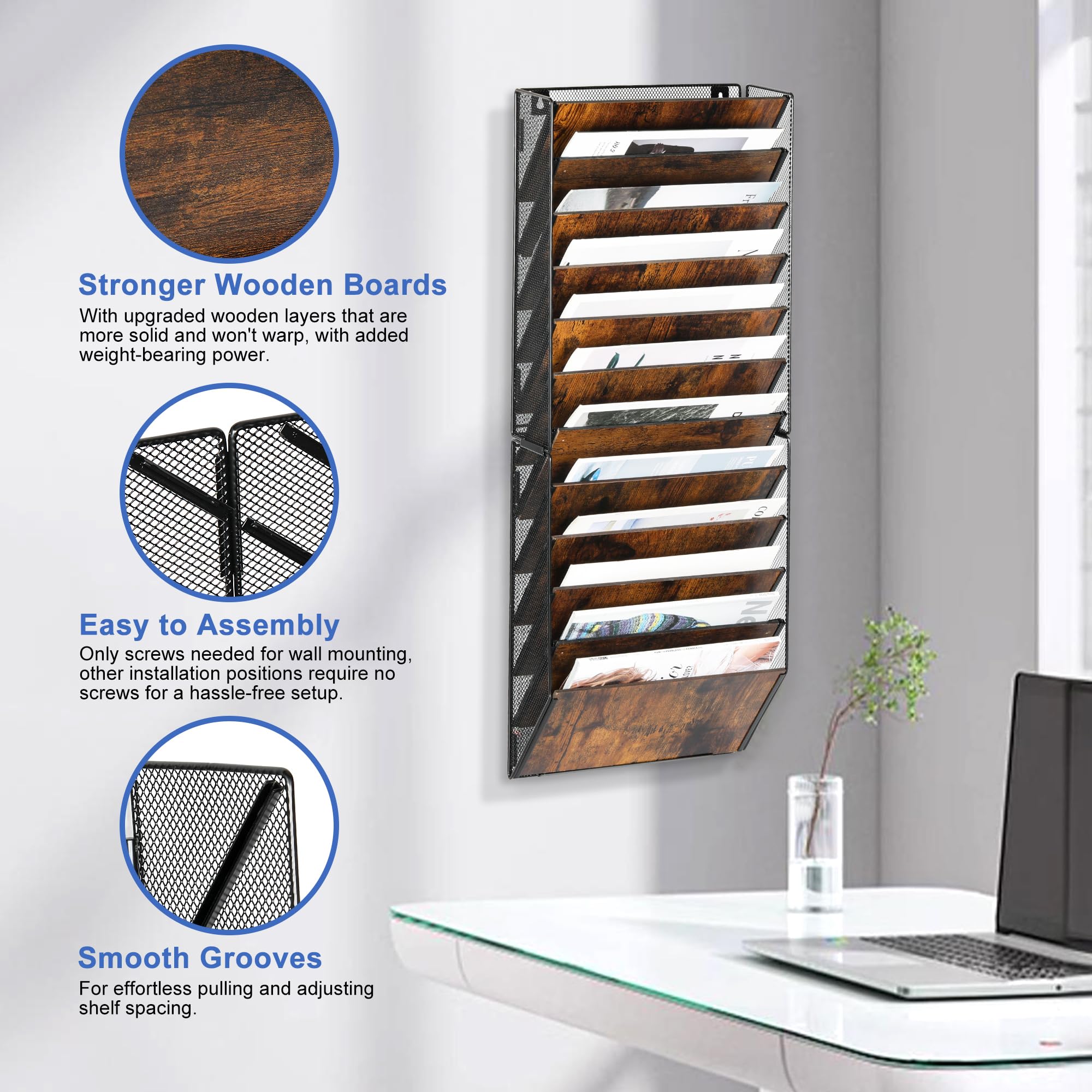Solinxe 12-Pocket Wall File Organizer, Wood Mail Organizer Wall Mounted Paper Document Magazine Holder, Hanging Clipboard Storage Basket for Office Home School Organization, Black/Antique