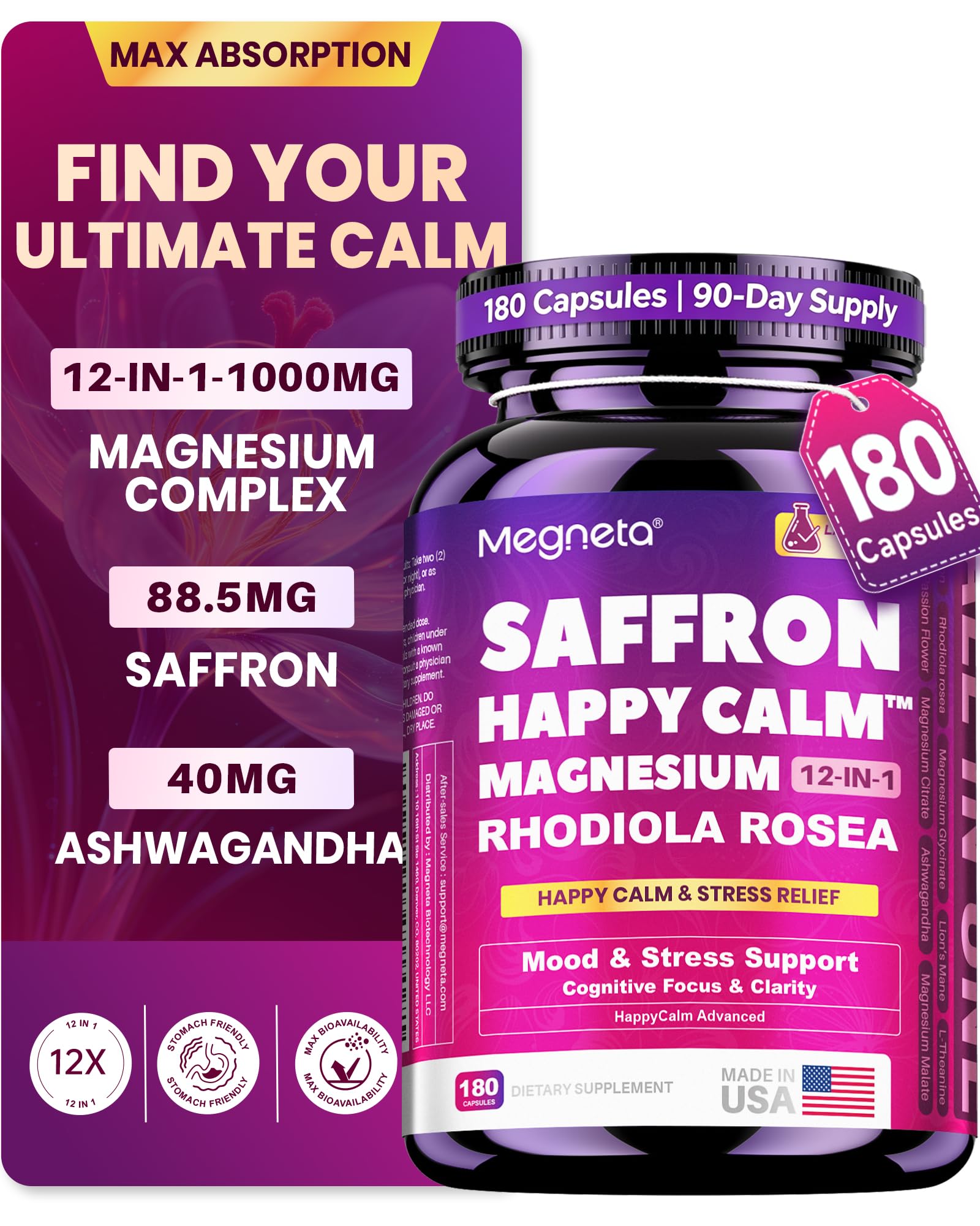Saffron Supplements, 1000mg 12-in-1 Magnesium Complex for Women,180 Count