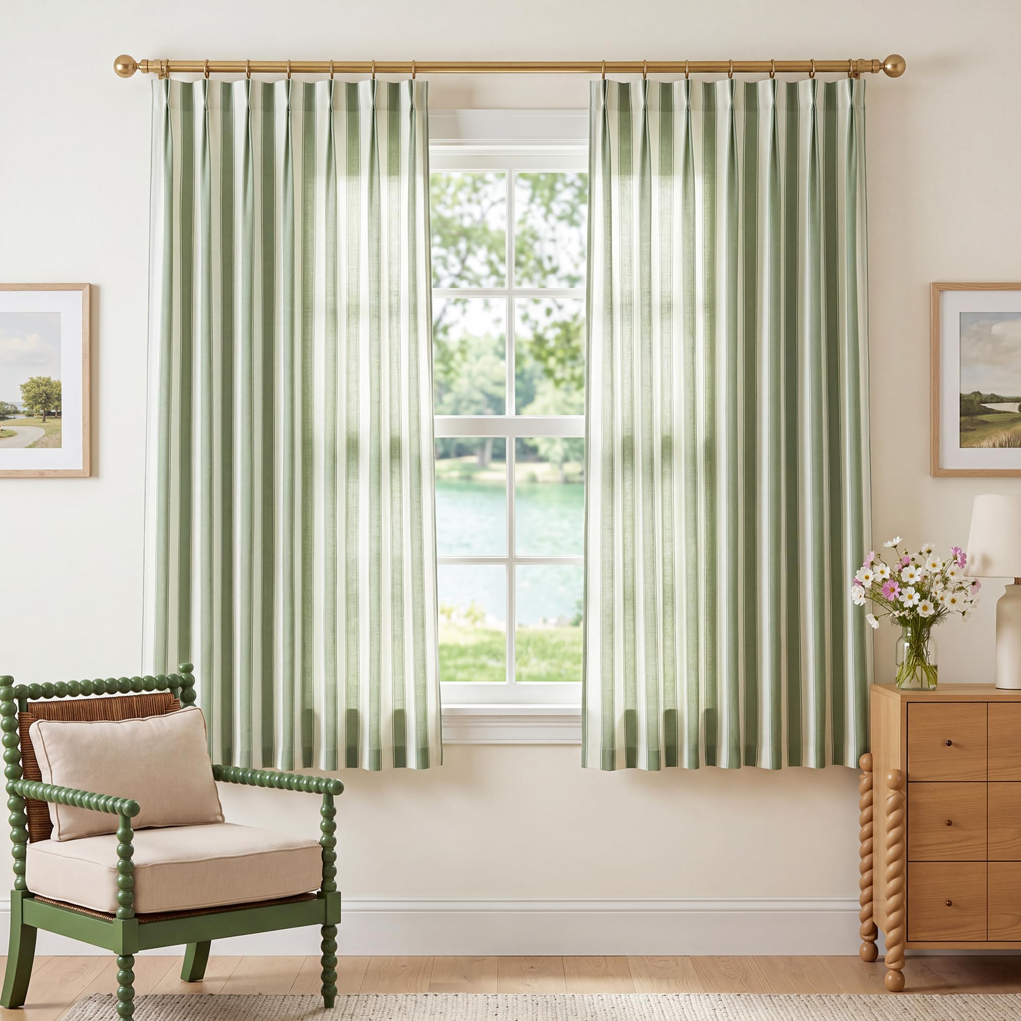 THREE GIRLS Sage Green Striped Pinch Pleated Curtains 63 Inch, 2 Panels