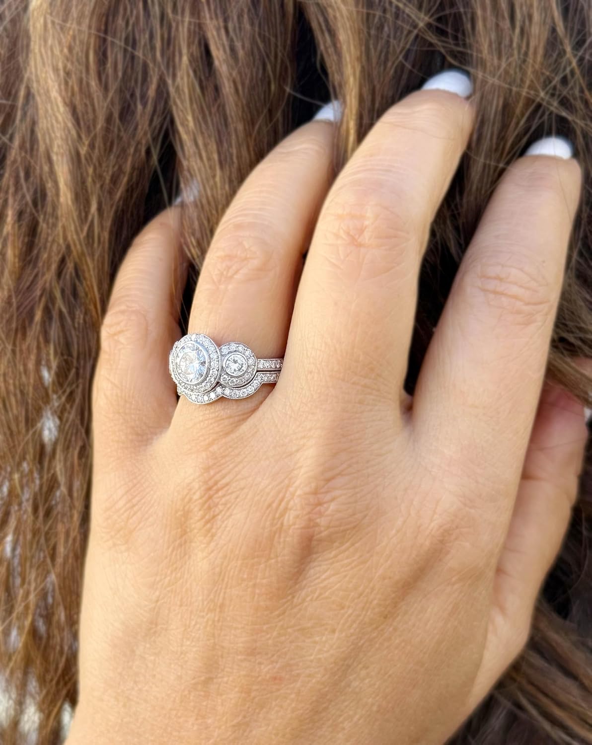 Round Cut Moissanite Engagement Ring And Band Three Stone Style Bezel Set Design 14k Solid White Gold Halo Style Wedding Bridal Set 2.75ctw