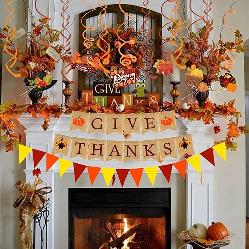 Vista 4 de Famoby Bandera de arpillera de papel triangular con diseño de hojas de arce, guirnalda de plástico para decoración de fiesta de otoño, cosecha