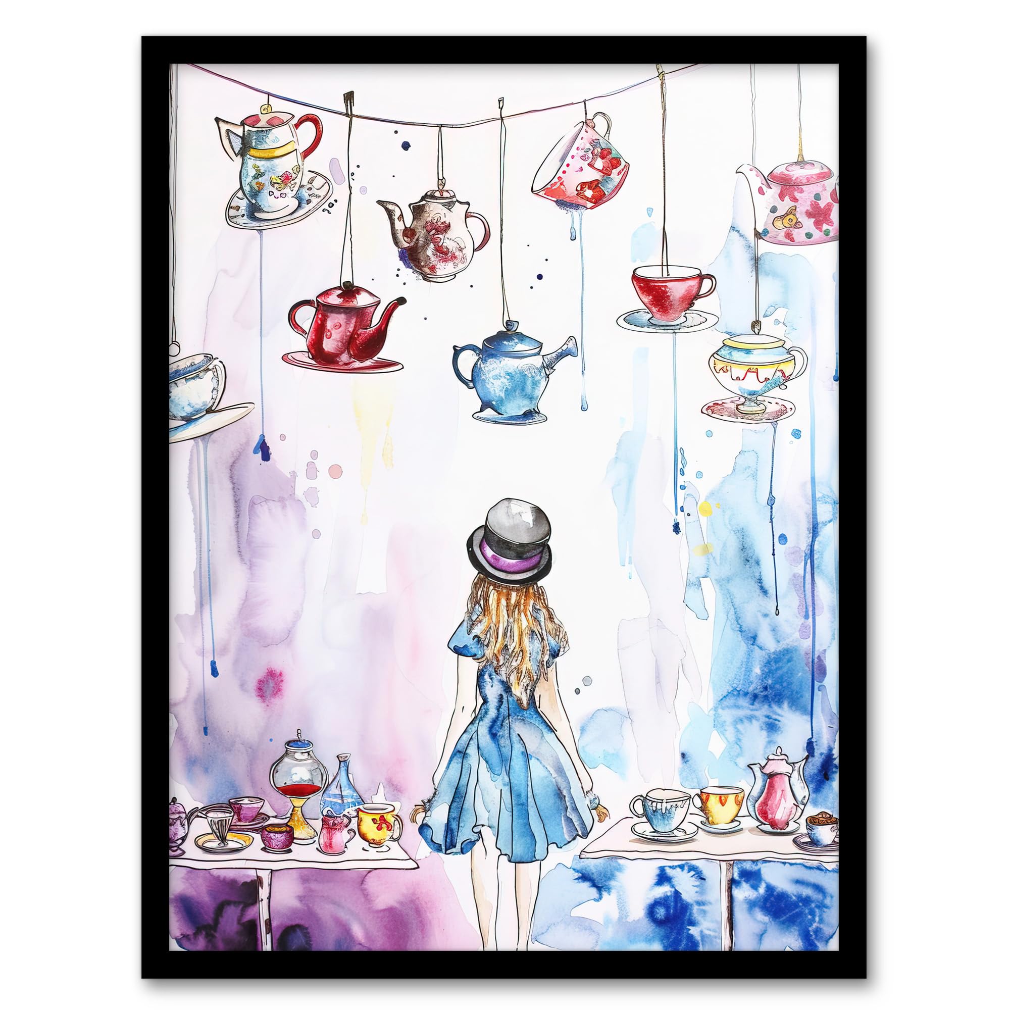 Alice Wonderland Mad Hatter Tea Party Watercolour Framed Art Print - Artery8 - Blue - A4