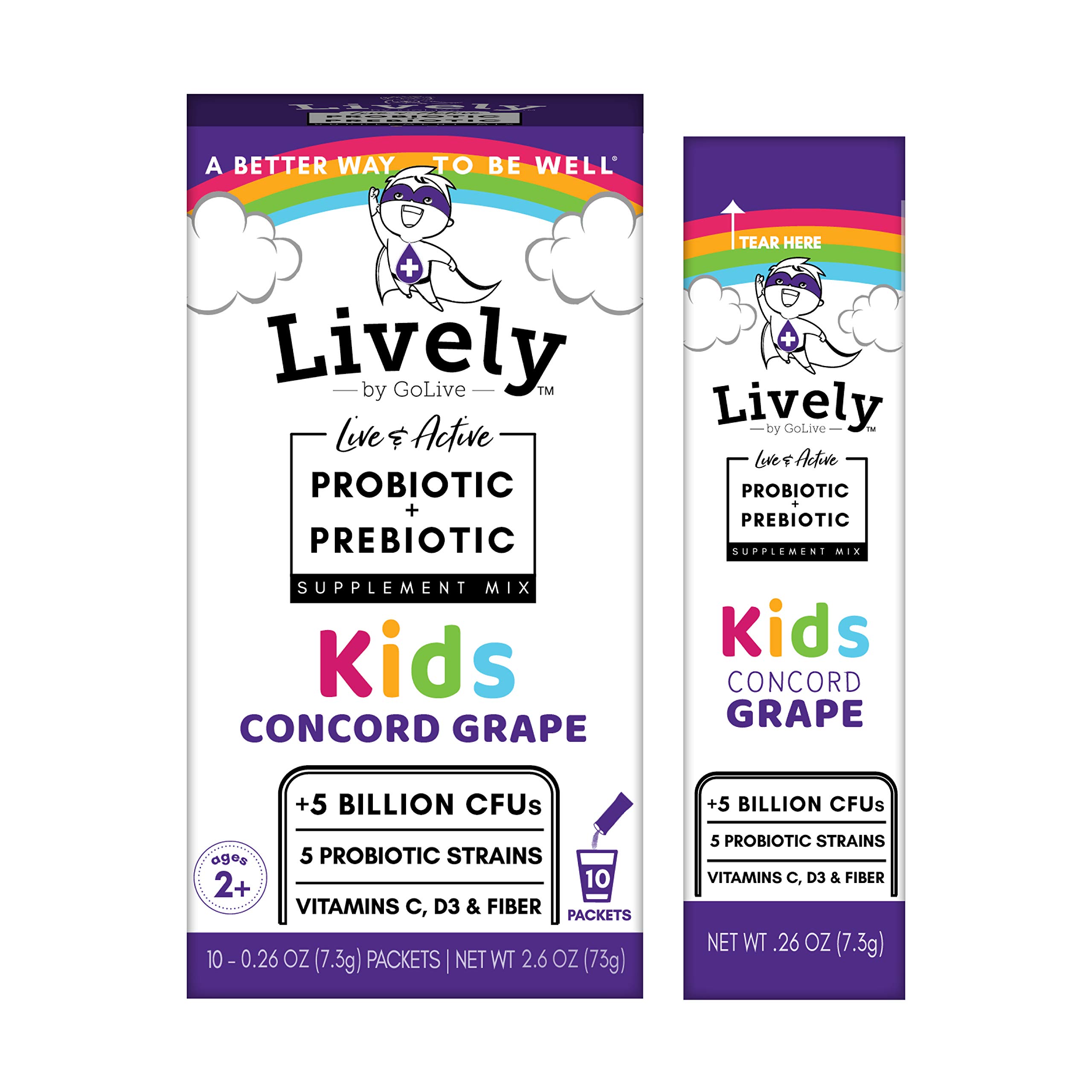 Lively (by GoLive) KIDS CONCORD GRAPE Synbiotic (Probiotics+Prebiotics); 5 Clinical Strains; +5 Billion CFUs. Probiotics & Prebiotics KIDS for Digestion, Metabolism, Immunity. (10 Packs)