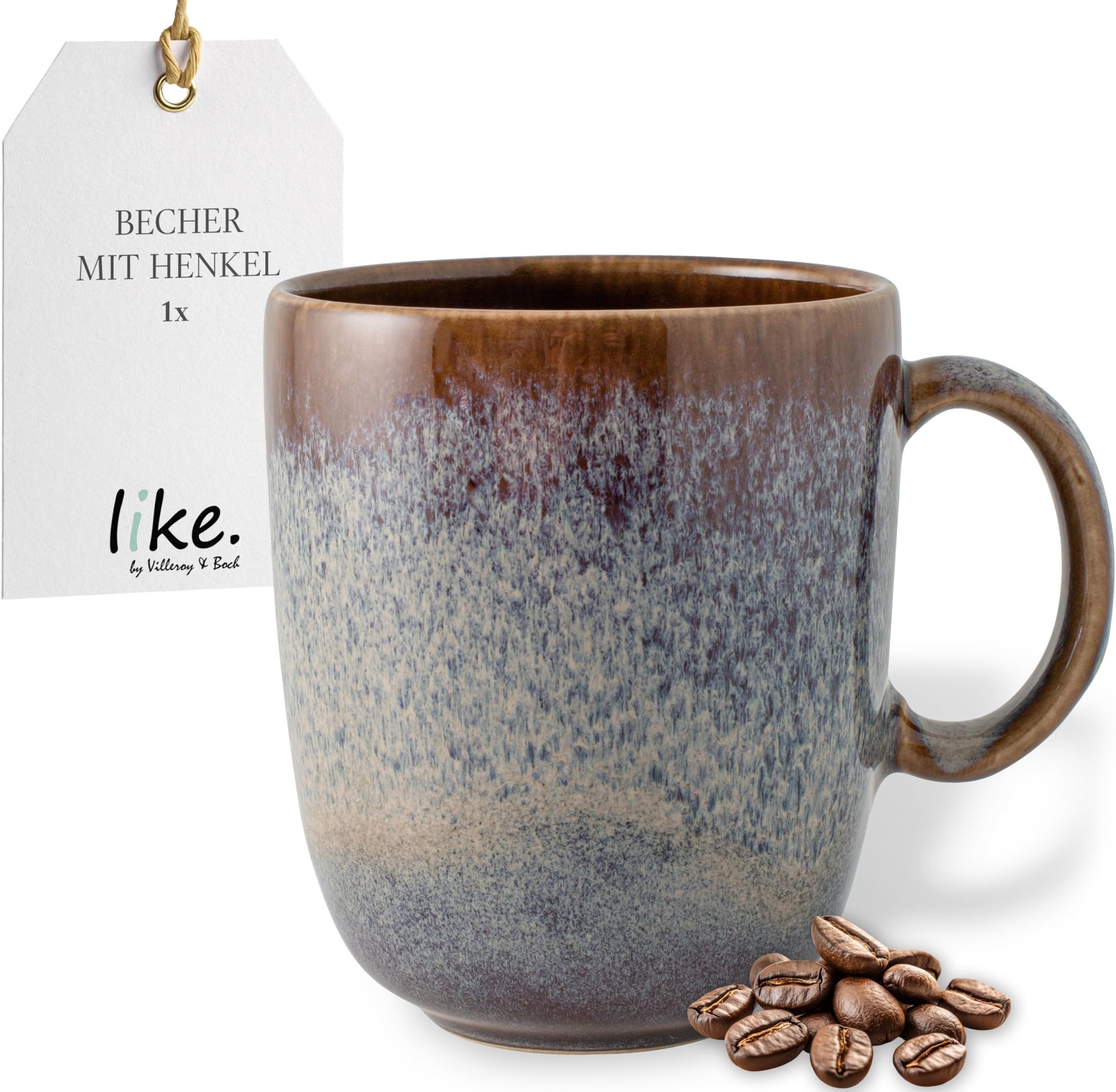 LEONARDO Matera Becher – Große Kaffeetasse 300 Ml, Keramik, Handbemalt, Beige/anthrazit/blau