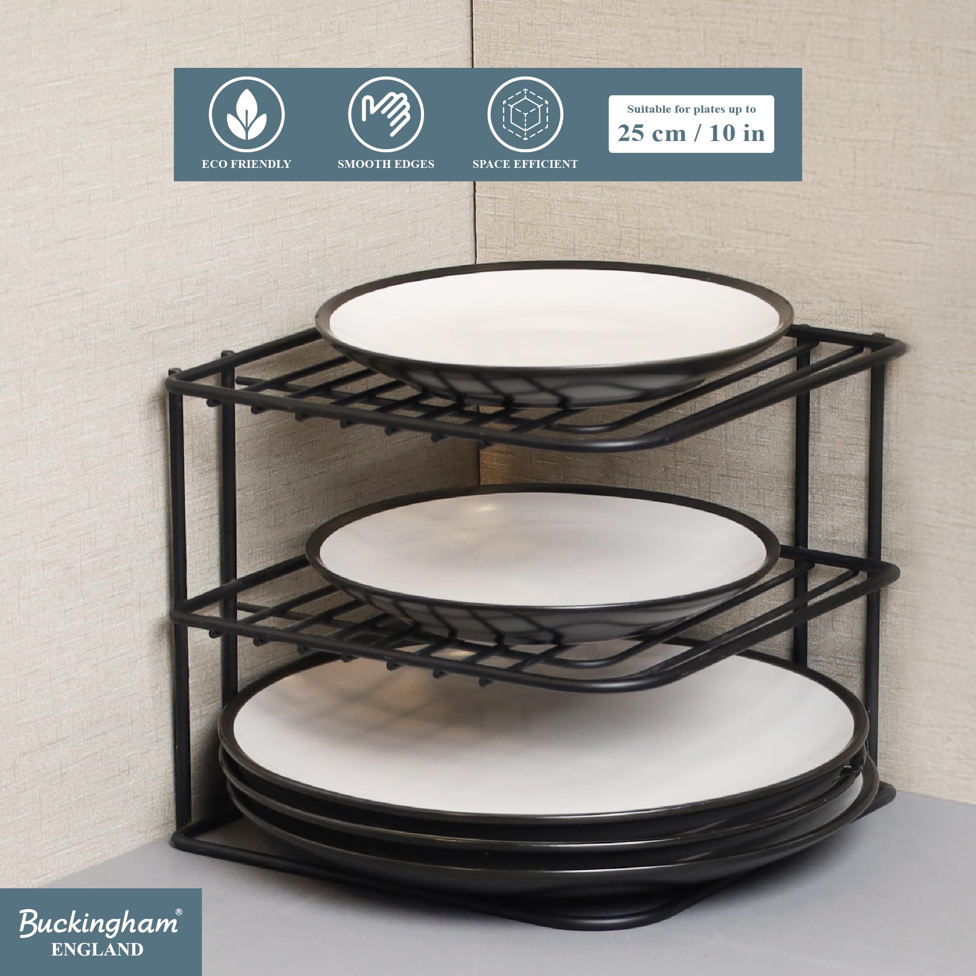 Buckingham 3-stöckiges schwarzes Eckplattenregal, Küchenschrank, Aufbewahrung, Organizer, Premium-Qualität, Geschirrregal, platzsparendes Regal, Organizer, 22,5 cm