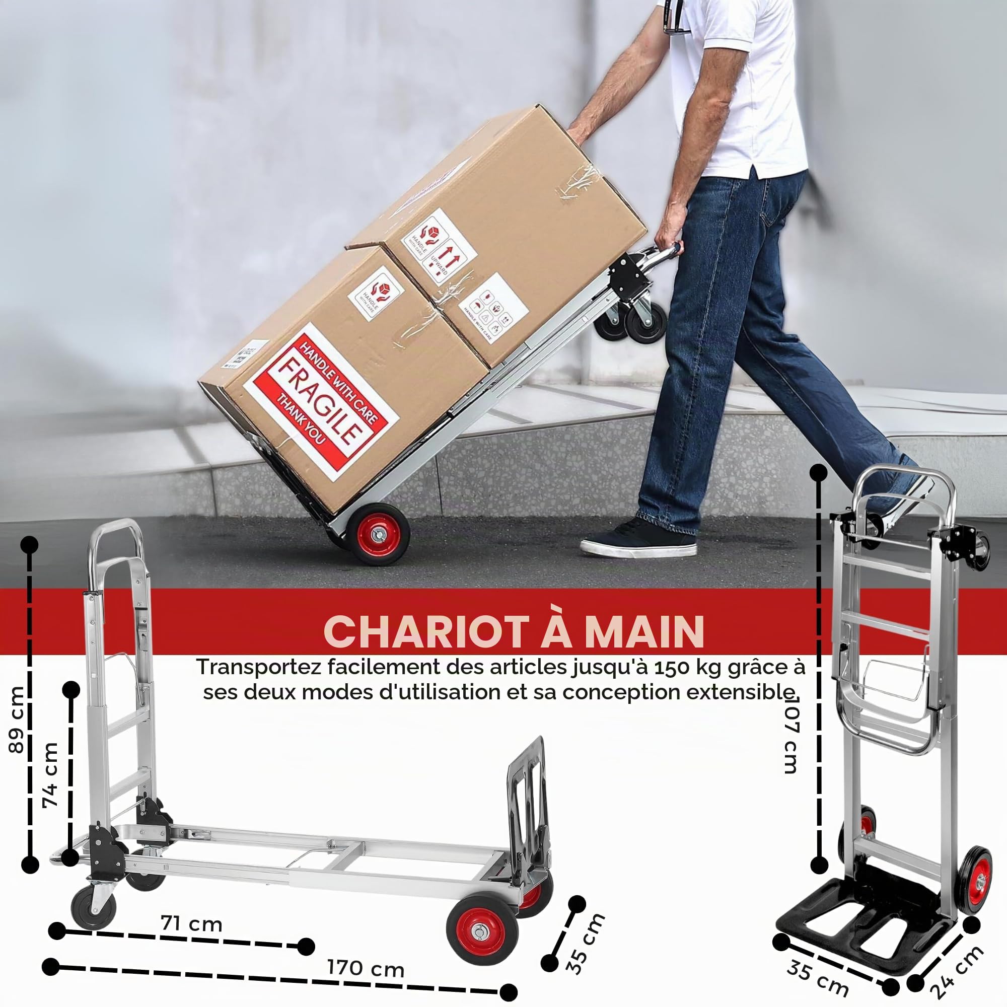 Diable Convertible 2 en 1 - Chariot à Main Pliable à 4 Roues, Transformable en Chariot à Plate-Forme, Aluminium, Capacité 150 kg - Pour Entrepôt, Jardin, Maison, Déménagements