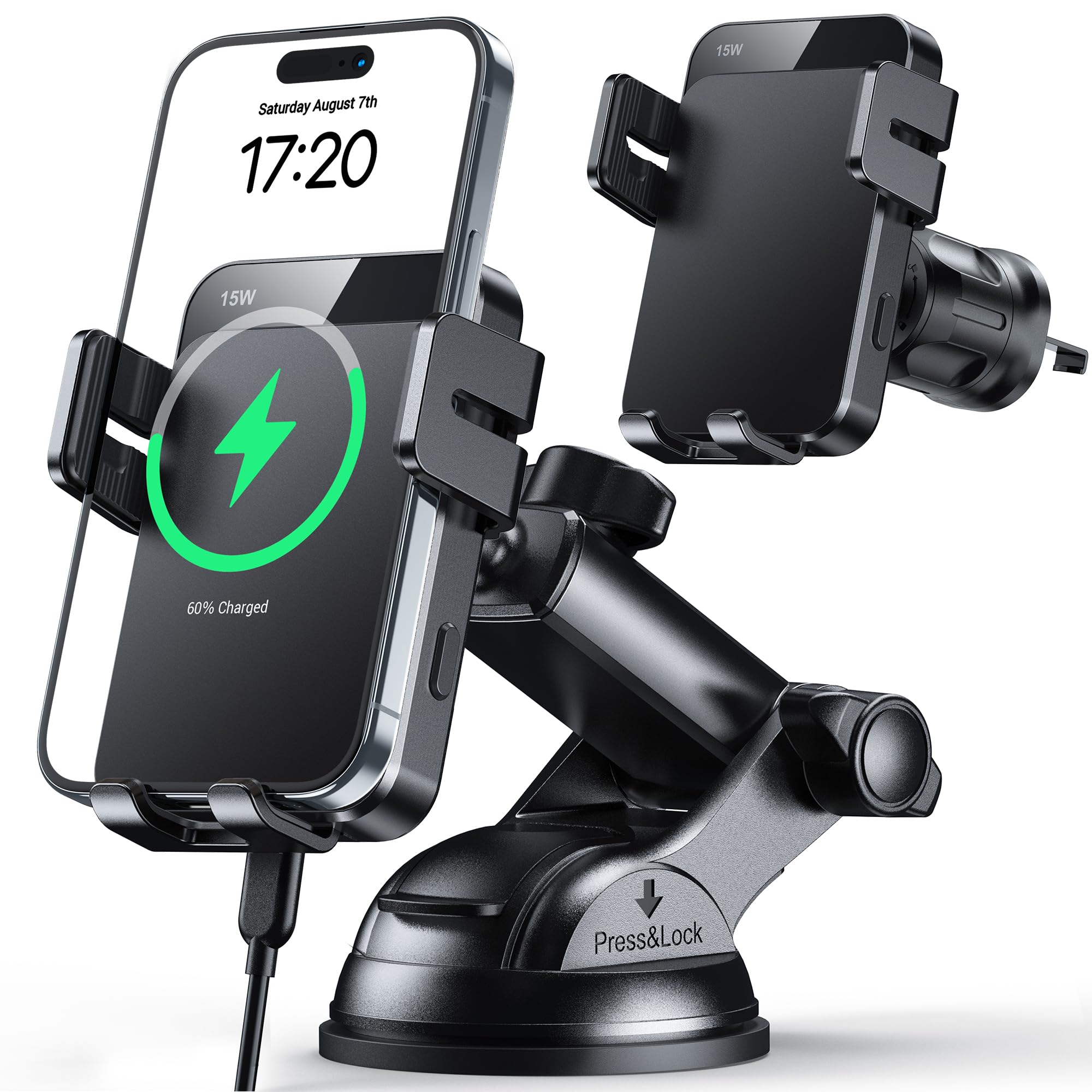 MOKPR Wireless Car Charger, 15W Auto Clamping Car Charger Dash Windshield Air Vent Phone Holder Compatible with iPhone 17 16 15 14/13/13 Pro/12 pro/12/11/X/8, Samsung S24/S23/S22-Dark Black