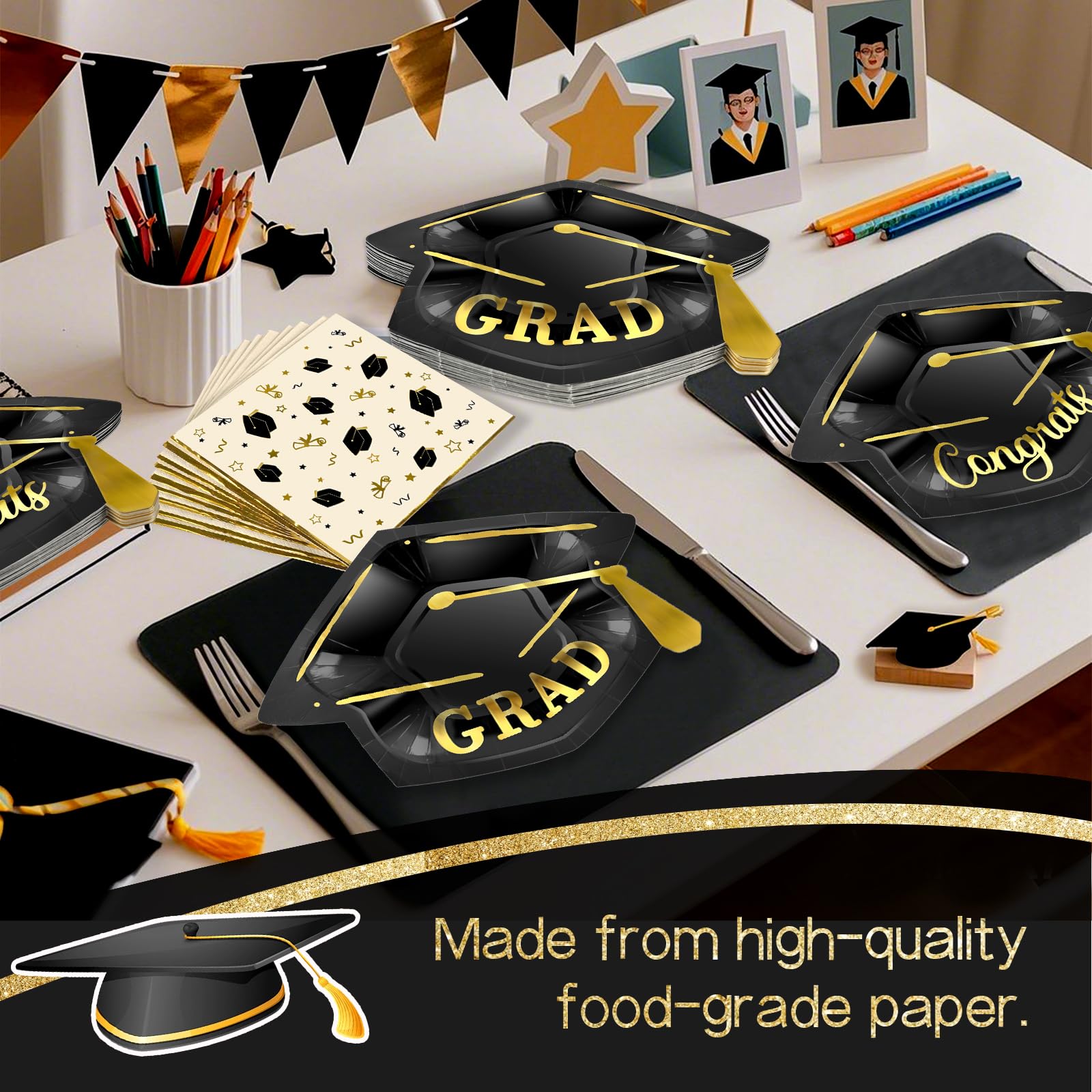 OuMuaMua Ensemble de vaisselle de fête de remise de diplôme, 100 assiettes et serviettes en papier en forme de bonnet pour la classe de 2025, félicitations, remise de diplôme, pour 50