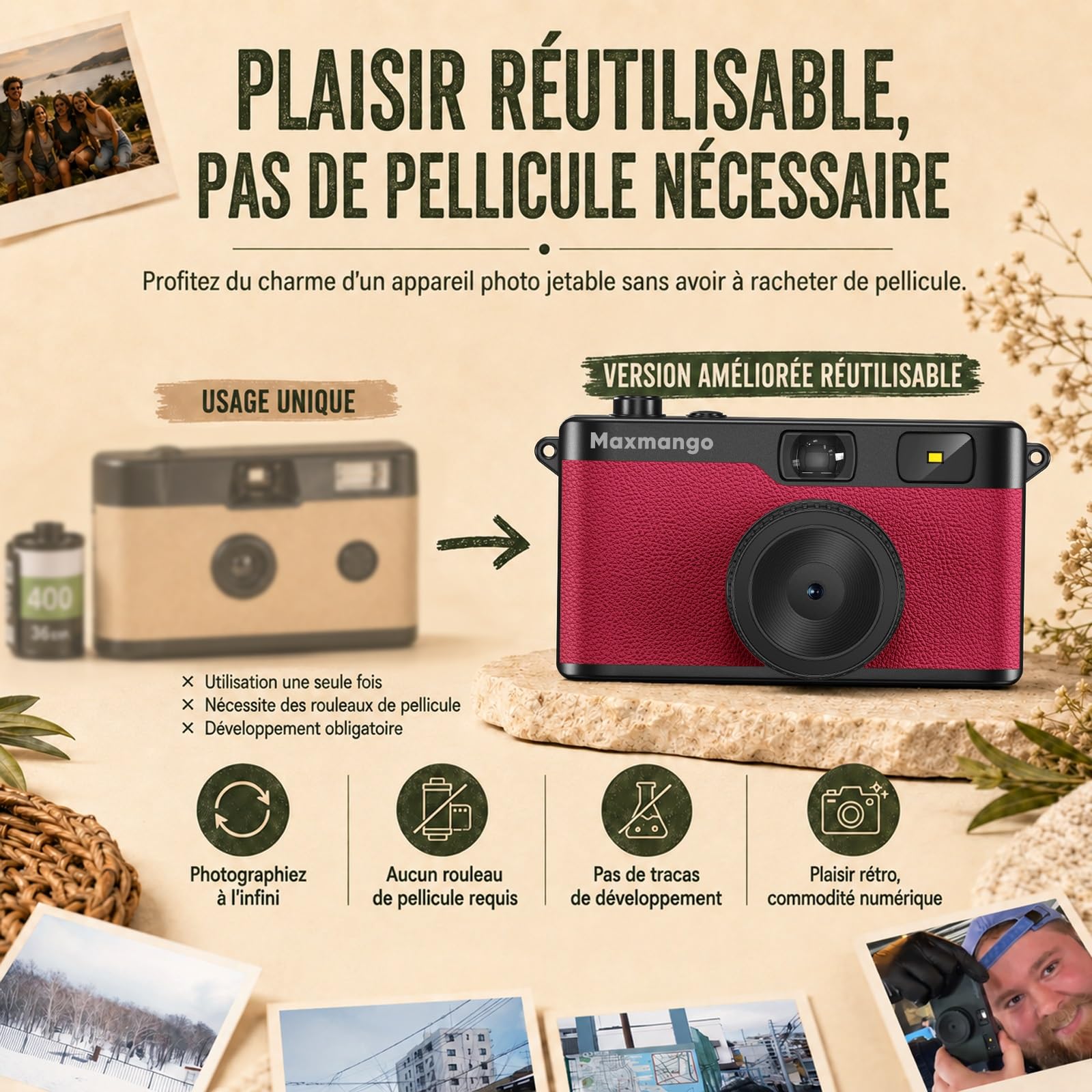 Maxmango D53 Appareil Photo Vintage sans Écran, Appareil Photo Numérique Rétro 12 MP, Filtres DIY à Télécharger, Transfert USB-C, Carte SD 8 Go Incluse (Rose)