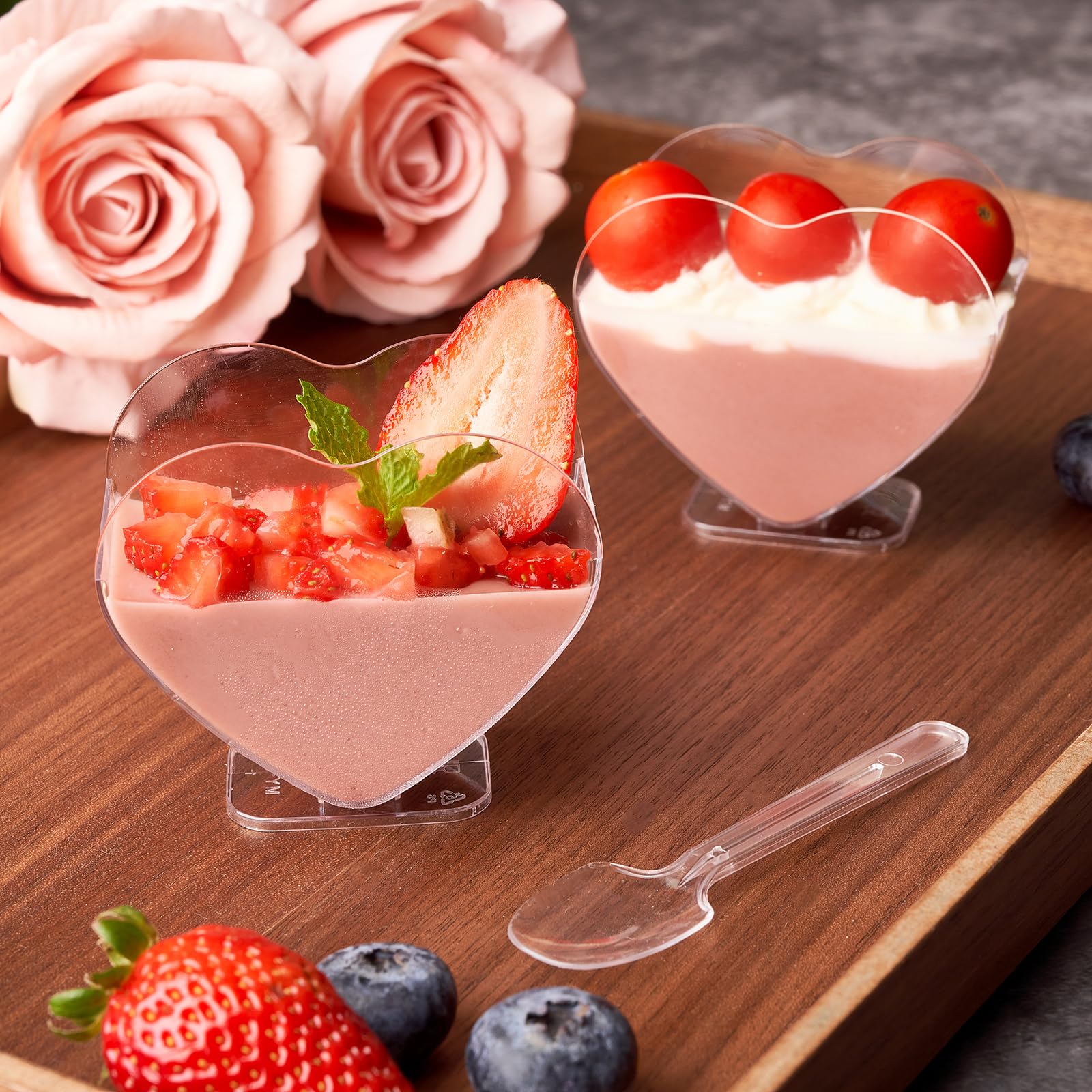YANYOPPINT 40 Pack 3oz Mini Dessert Cups with Spoons Heart-shape Bowls Great For Tasting Birthday Party Desserts Parfait Cup Shot Glasse Goblet Reusable Fruit Ice Cream Pudding Appetizer Cup Bowls