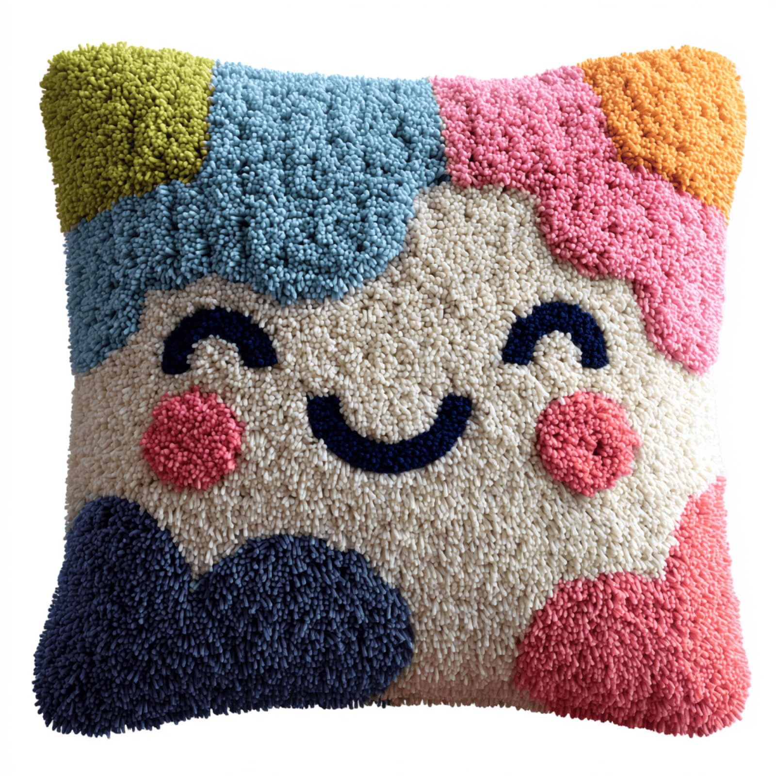 Taxpy Cute Smiley Face DIY Latch Hook Pillow Kit,17x17in Handmade Cushion Cover Craft Set with Colour Printed Canvas and Yarn,Cozy Decorative Throw Pillow for Sofa Bedroom