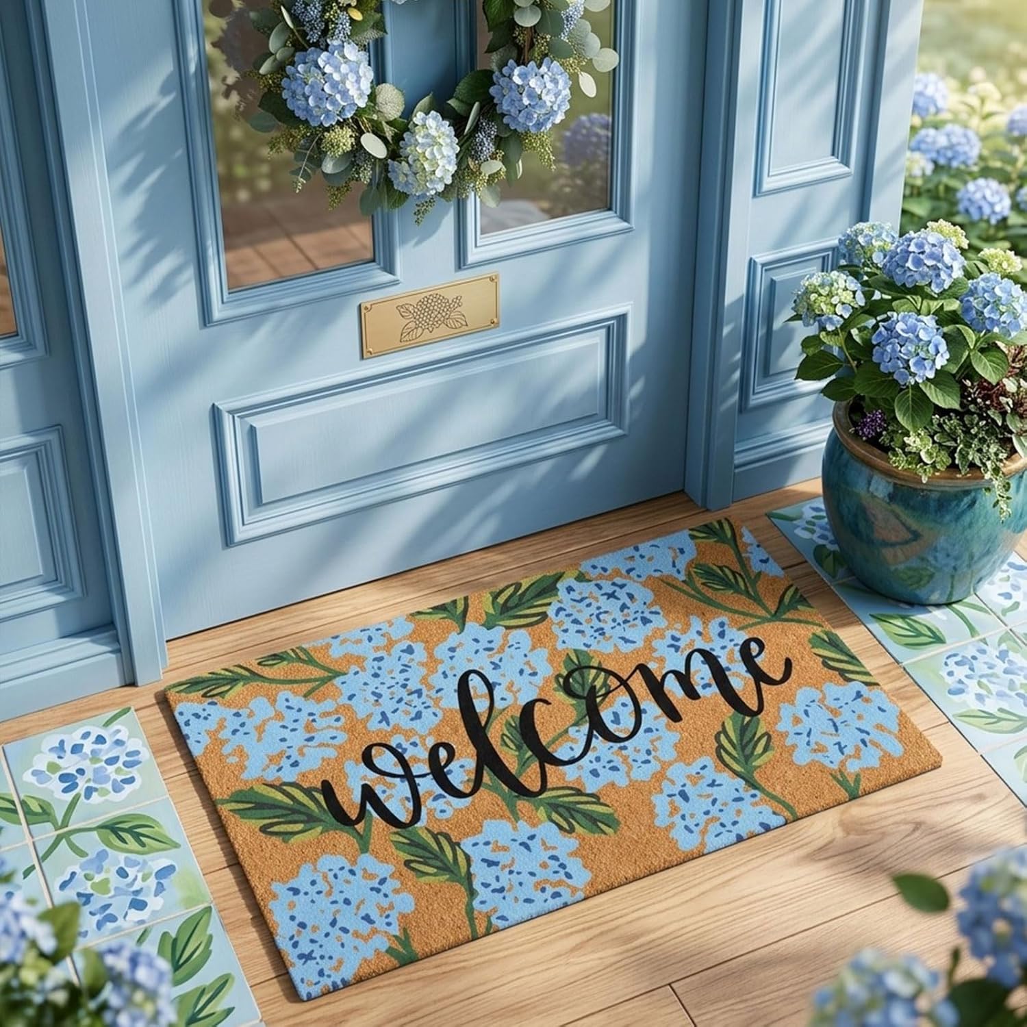 Jenaai Hydrangea Summer Doormat, 16 x 29 Inches, Floral Welcome Mat with Non-Slip Backing, Durable Coir Summer for Front Door, Entryway, Patio, and Porch Decor