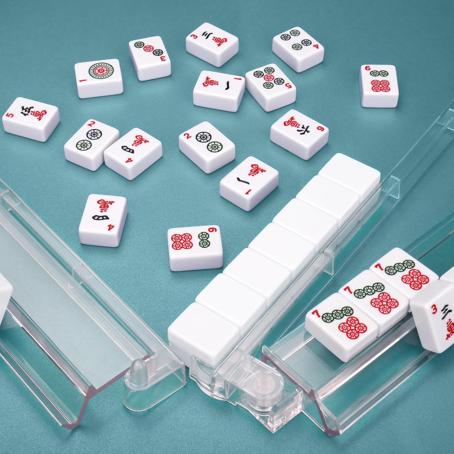 Mahjong Racks with Pushers, All in One Mahjong Racks with Pushers Set of 4, Easy Portable American Mahjong Accessories,Transparent