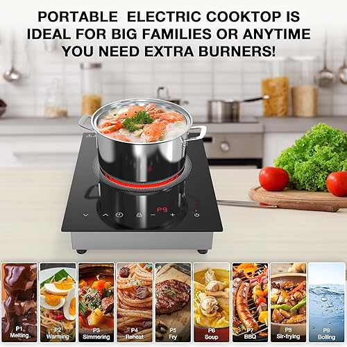 Miniatura 5 de Cocina eléctrica de un solo quemador, estufa eléctrica de 110 V 1800 W con control táctil LED, estufa portátil 9 niveles de potencia, temporizador