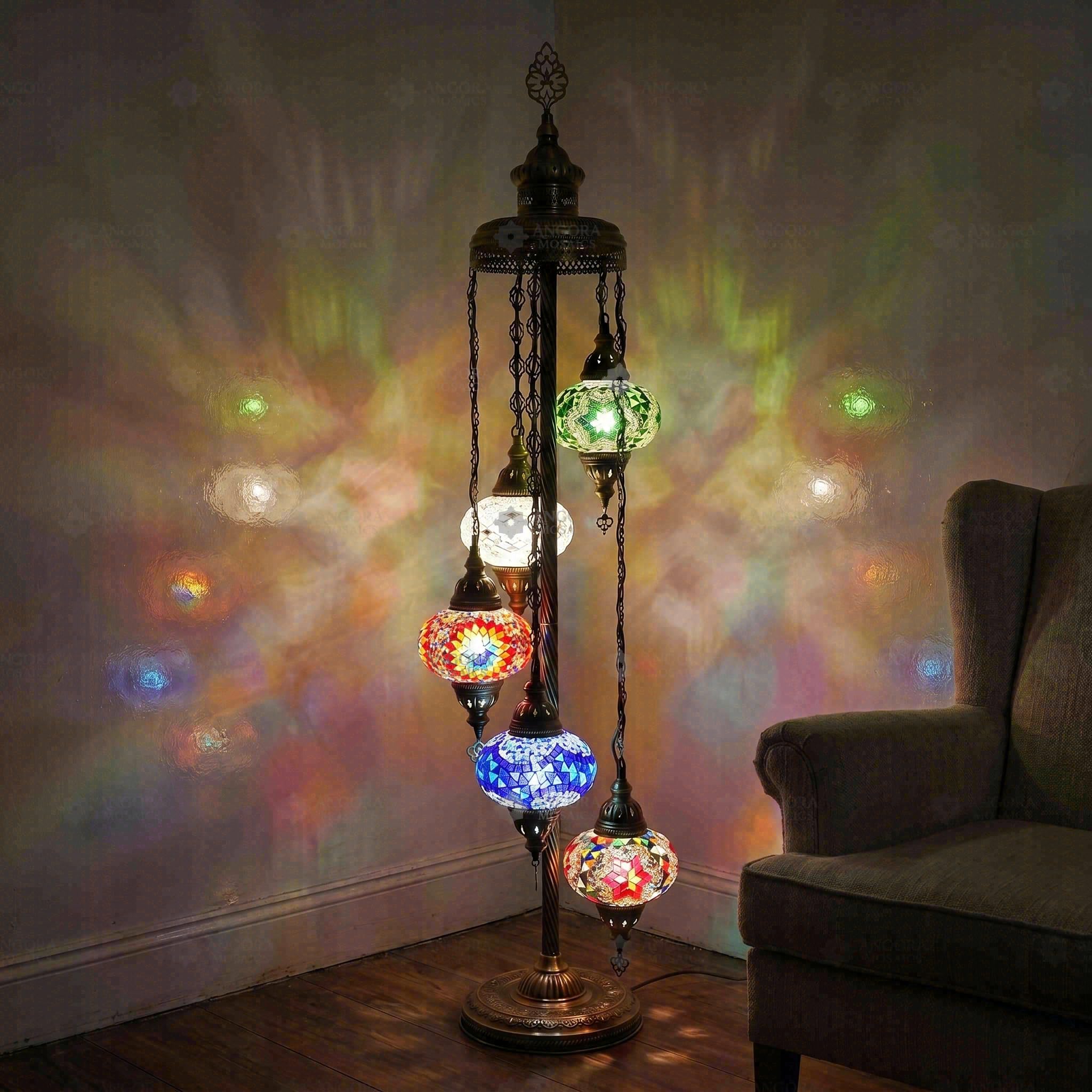 ENVA Multicolor Mosaic Floor Lamp - 5 Globe Turkish Mosaic Lamp - Handmade Glass Standing Light - Moroccan Boho Decor