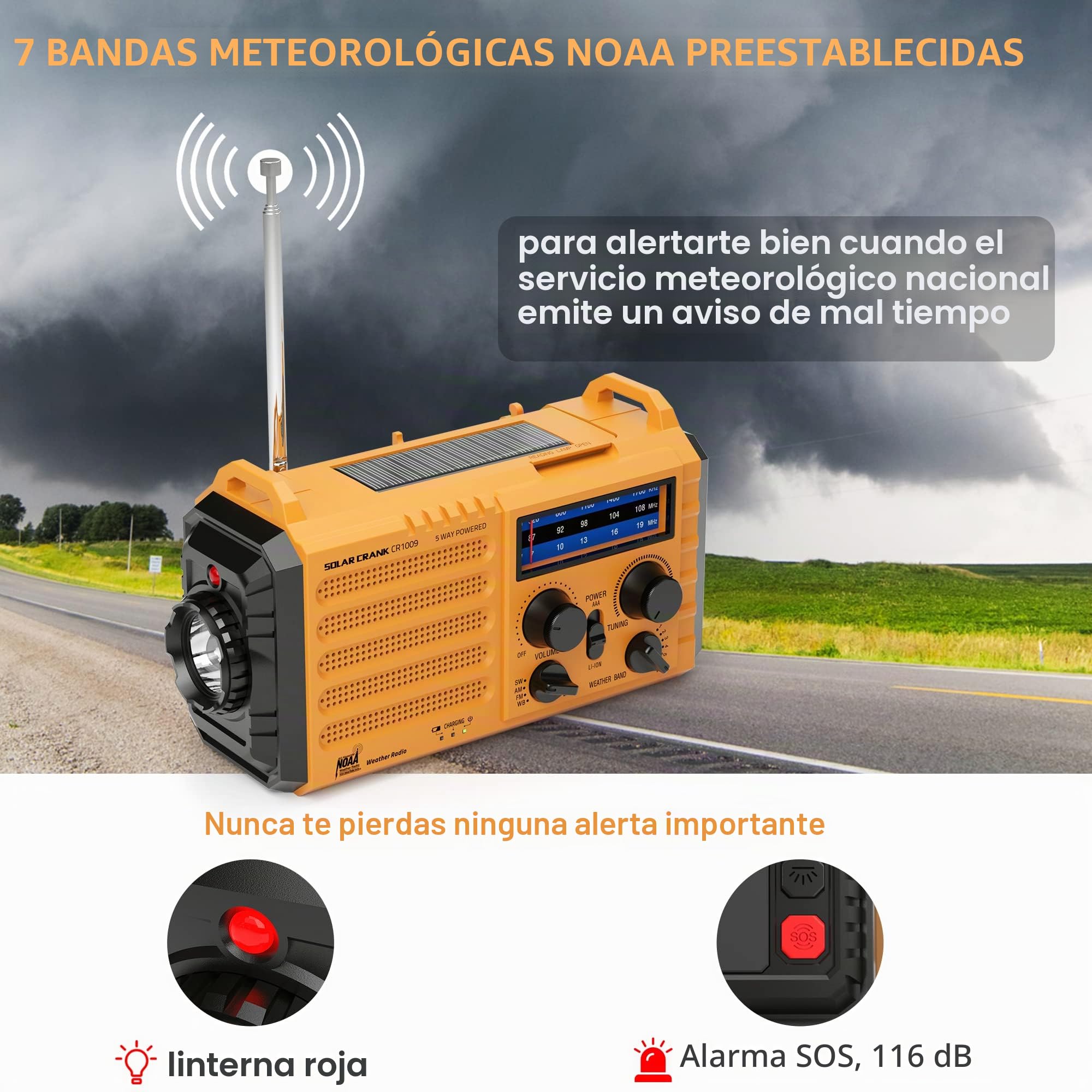 Radio de emergencia NOAA solar portátil, AM/FM, batería recargable, cargador USB, linterna, lámpara de lectura, alarma SOS