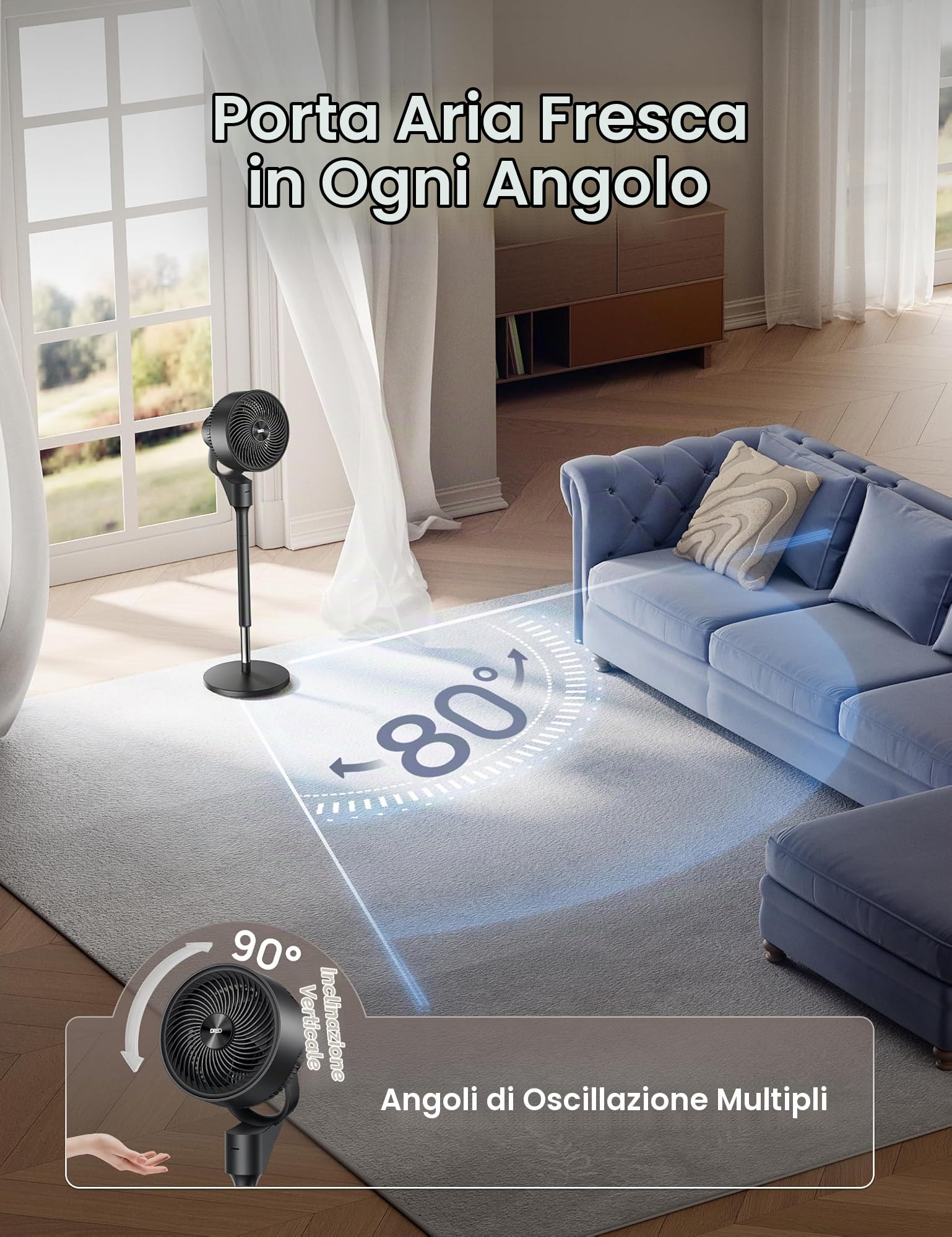 DREO Ventilatore a Piantana Silenzioso 25dB, Oscillazione Orizzontale Automatica 80°, 3 Velocità, Portata fino a 24m, Potente con Telecomando, Inclinazione Verticale Manuale 90°, Timer 6 Ore