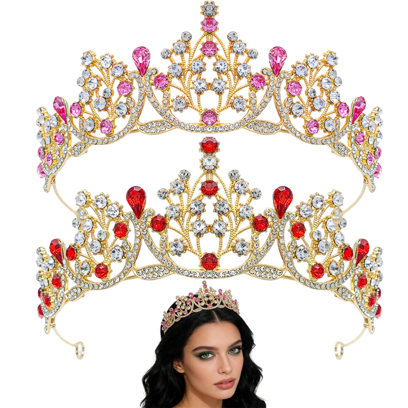 2 Pcs Crystal Tiaras for Women Queen Crown and Hair Pins Princess Crown Royal Princess Headpieces for Birthday Party Hair Accessories Bride Rhinestone Decorations Headband-image-33