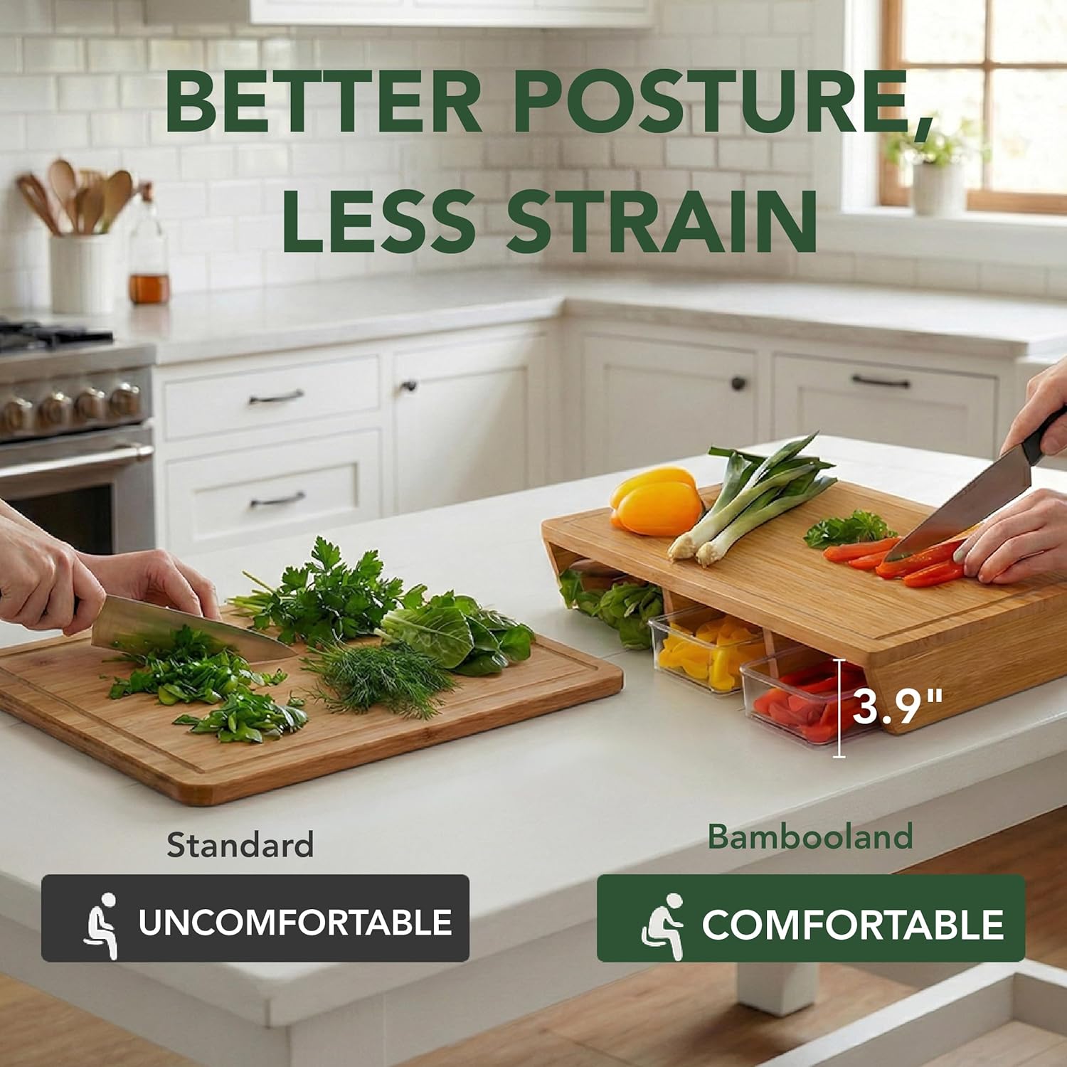 BAMBOO LAND- Large Bamboo Cutting Board with Containers, Food Prep Station, Cutting Board with Storage