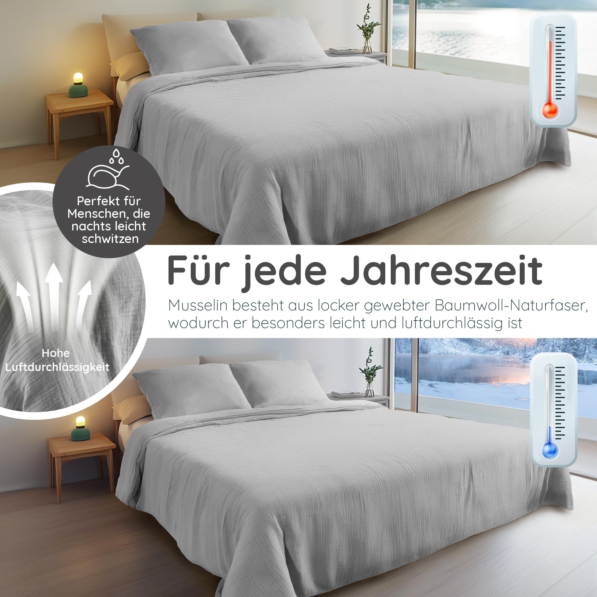 pure shores - Musselin Bettwäsche 135x200 | Bettwäsche 135x200 Baumwolle | Bettwäsche-Sets | 100% Baumwolle mit OEKOTEX | Reißverschluss | Bettwaren | Bedding Set | 1 Kissen | Hellgrau