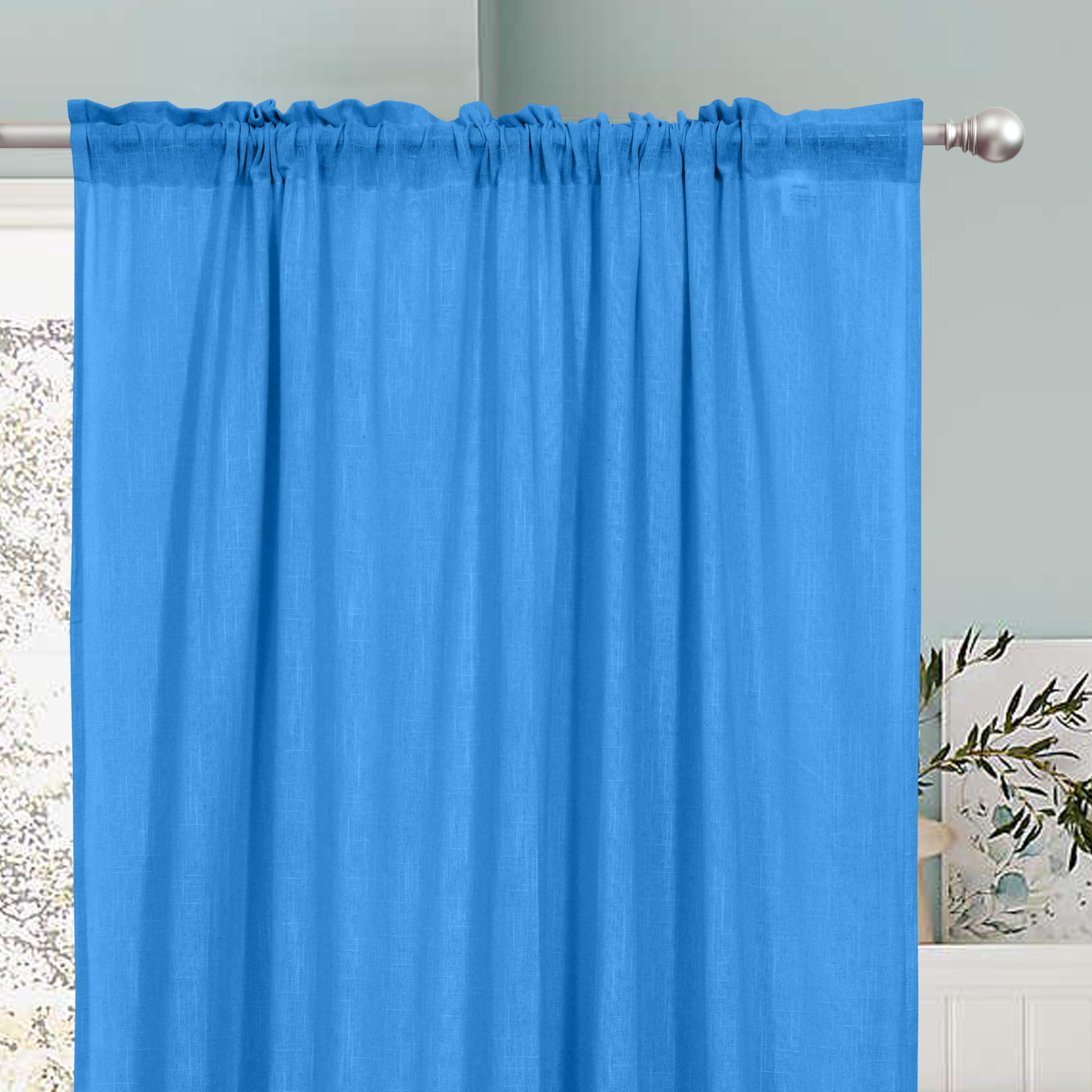 THE LINEN COMPANY Cotton Linen Solid Sheer Rod Pocket Door Curtains – Transparent Net Curtains for Door & Balcony, Light Filtering Privacy Drapes, Carolina Blue, 7 Feet, Pack of 1