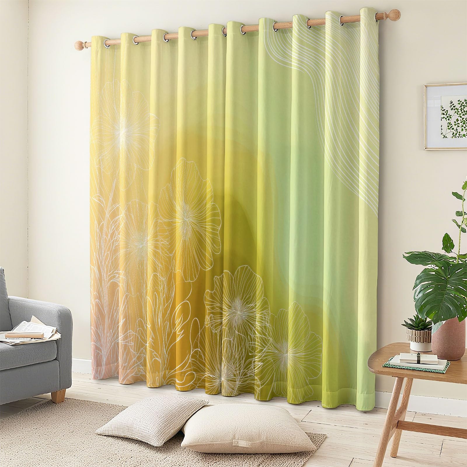 Zasłony zaciemniające, 166 x 75 cm, rośliny, gradient kolorów, gałęzie i liście, druk artystyczny 3D, z mikrofibry, zasłona z nadrukiem, na przelotkach, dla dzieci, nastolatków, sypialni, zestaw 2