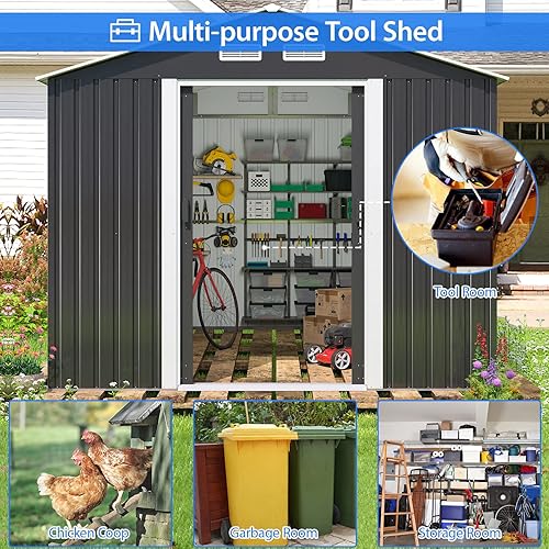 Miniatura 6 de HOGYME Cobertizo de almacenamiento grande para exteriores de 8.5 x 10 pies, cobertizos de jardín de metal alto para bicicleta, cortacésped, basura,