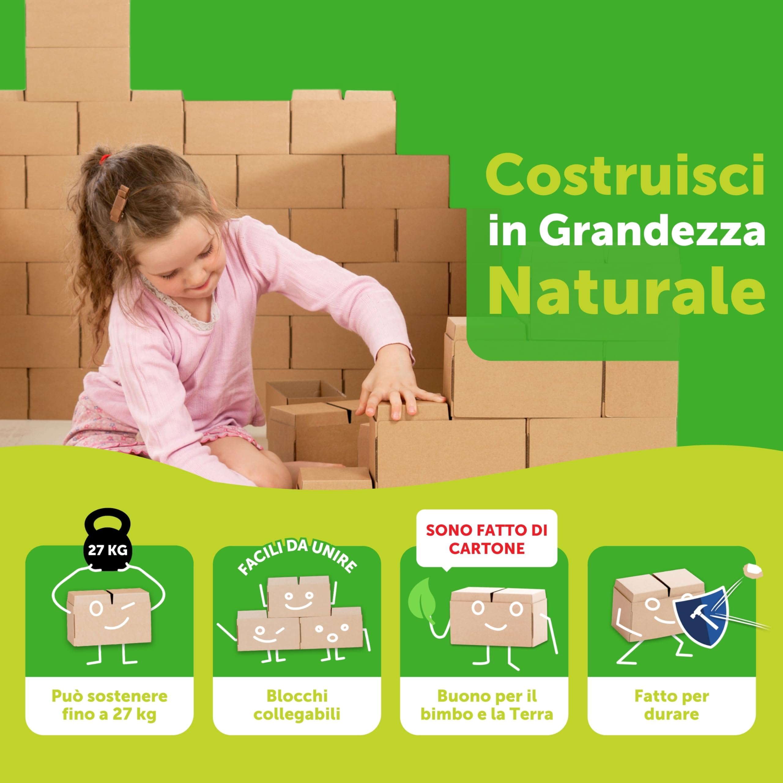 GIGI BLOKS 60 Mattoncini Costruzioni Grandi per Bambini XXL Impilabili & Incastro | Cartone Blocchi Costruzioni per Bambini Robusti e Facili da Montare | Grandi Giochi Montessori Creativi & Educativi