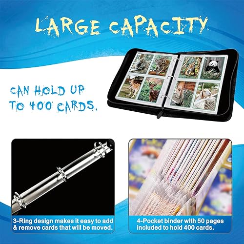 Miniatura 3 de Carpeta de tarjetas de 4 bolsillos para 400 tarjetas de intercambio estándar, carpeta de álbum de tarjetas coleccionables con cremallera para