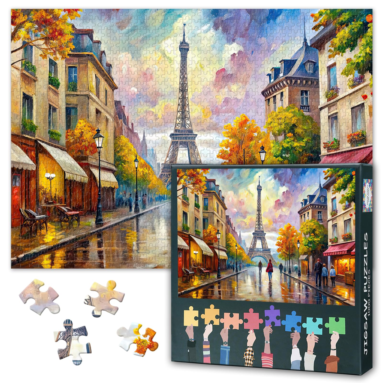 Paris Street Scene 1000 Pieces Jigsaw Puzzles Scenery of Paris Difficult Challenge Puzzle for Adults Gifts Family Party Eiffel Tower Jigsaw Puzzle Artwork Decor 27.5"X19.7"